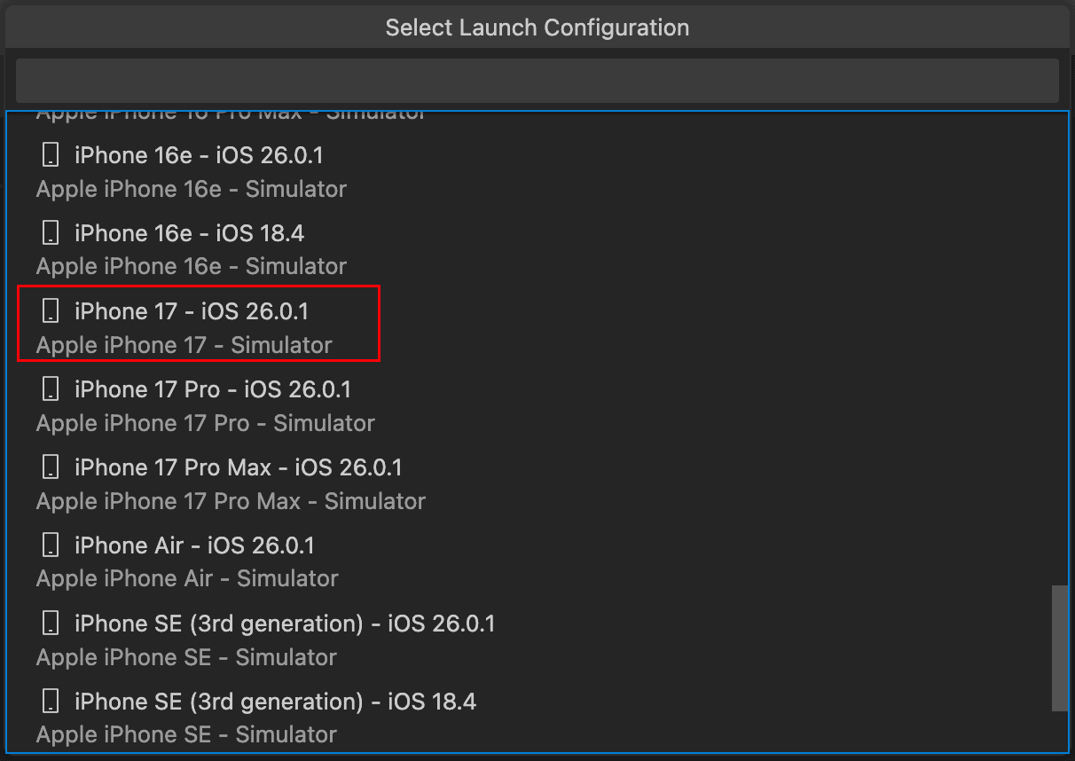Debug target list with iPhone 15 highlighted