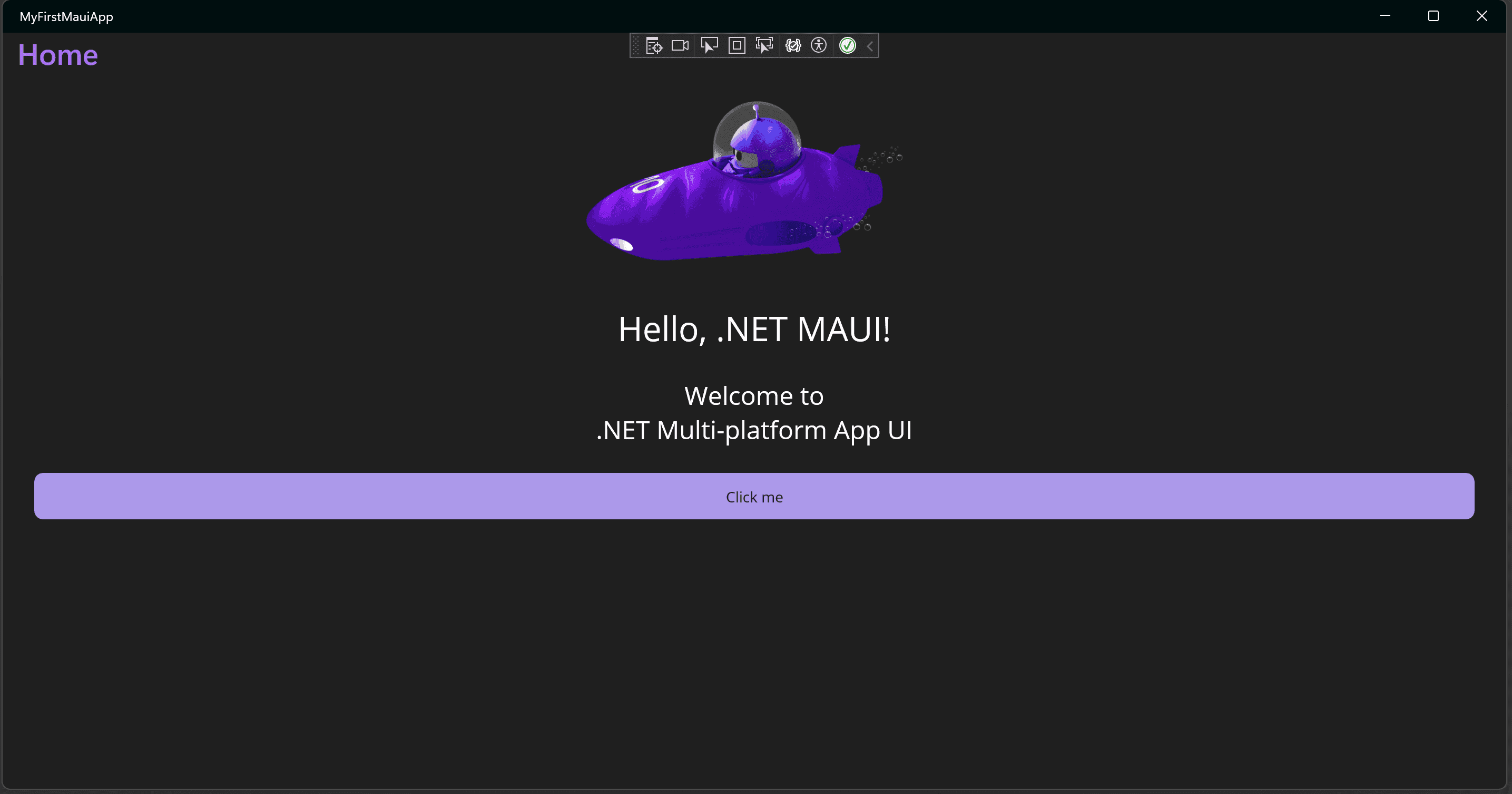 Windows running the .NET MAUI app. A 'Hello, .NET MAUI!' message is displayed as it was updated with Hot Reload.