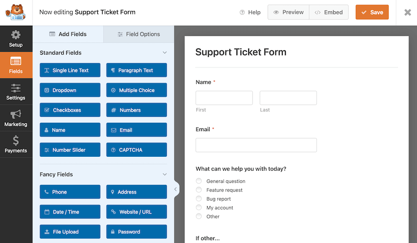 Formulario de ticket de soporte WPForms