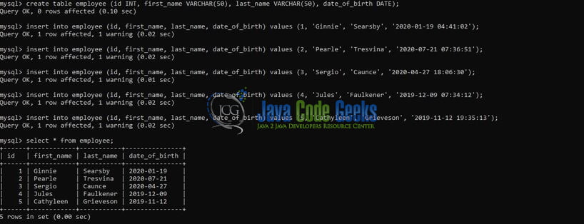 sql date - Create the table