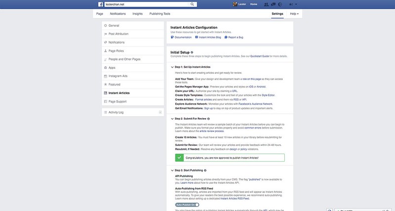 Facebook Instant Articles - Settings - 1