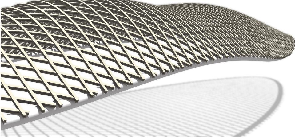 Figure 10: Korlandia Gridshell with four-layer lath system and edge beam at boundary curve.  7. Conclusion  Lattice shells combine an elegance of form with the efficiency of structure  driven by the construction sim members that can be bent into in fact the result of an explici lishes the constraints of the sys which gives the designer discre the form is developed through such as a vertical load vector (  plicity and material economy of straight lath shape.While formally expressive, the form is methodology.As the boundary curve estab- em, it is the boundary curve, not the surface, ion over form.From this boundary constraint, he forces applied in the form-finding process pushing) and/or surface relaxation (stretching  or equalizing).Although these values can be adjusted by the designer, they are only meaningful when calibrated by material constraints.This can be es- tablished through physical testing to find the minimum bending radius, from which real-time material feedback can be embedded into the parametric sys- tem. Through the combination of form-finding and material constraints, a  