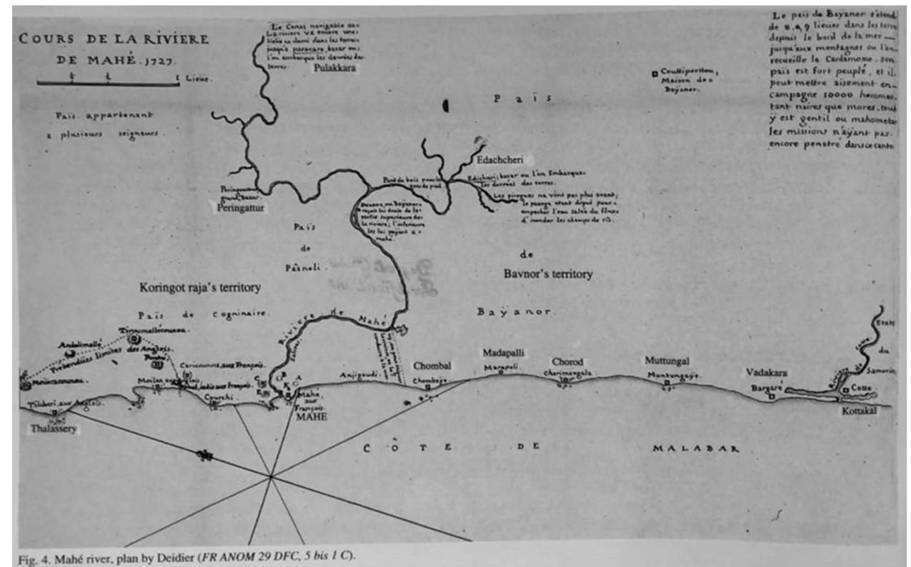 Fig. 1. Etaccéri, Parakkatavattt' and the Kingly Realm Valunnor. Source: ‘Cours de la Riviere de Mahé 1727, Fig. 4, Mahé River Plan by Deidier (FR ANOM 29FDC, 5bis 1C)’, in Deloche 2013: 8. 