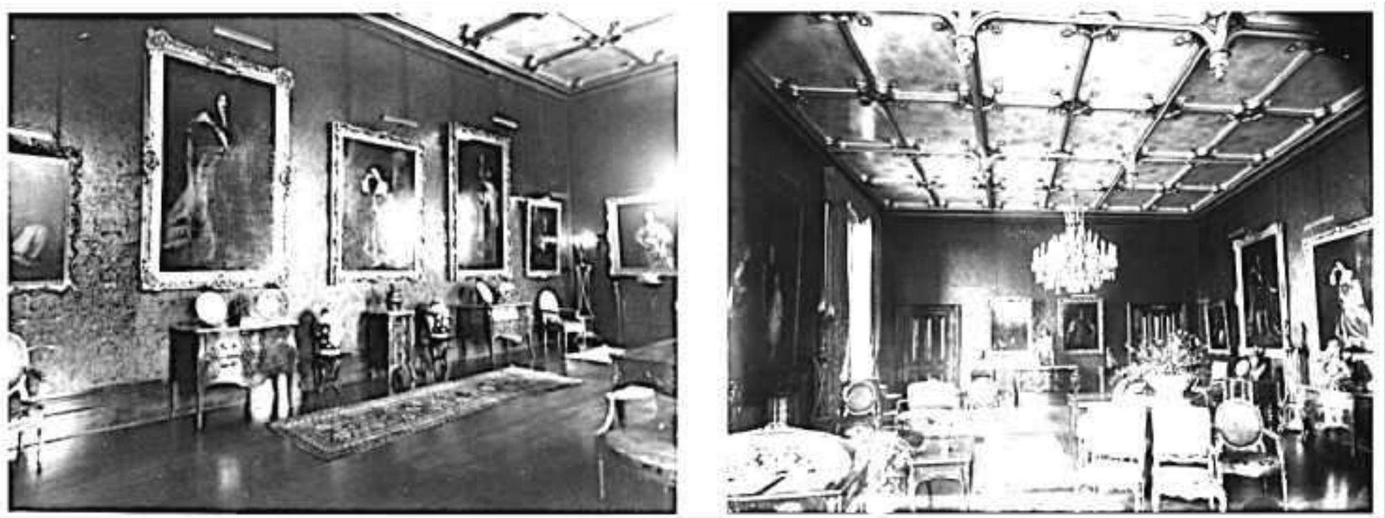 Figures Two complementary views of the ‘Drawing Room’, bef. ‘The Saloon’ resp. ‘Dining Room’, aft. ‘Library’, today ‘Assembly Room’, no date (c1900): one of the house’s largest rooms apart from the Dining Room, wherein altogether nine paintings can be discerned. Here, the “small Spinnet” and “small Chamber Organ” (from the ‘Great State Room’, Inventory 1729) may possibly have been located. 