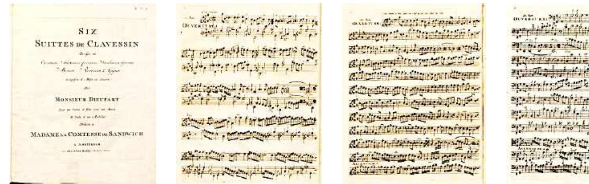 Figure Francois Dieupart, Six Suittes de Clavessin, Amsterdam, 1701, Roger, respectively: title page, the opening of Suite I (A) in th Harpsichord Version, idem in the [‘Dessus’], and in the [‘Basse’]. Courtesy of the British Library, H.70.p. A reproduction of the Dedication, and bibliographic details figure in FDBR/2021, esp. § 4.  The two independent editions may count as having appeared simultaneously.  Nine days later, Roger offers a self-standing ‘Ensemble Version’ of Dieupart’s opus a well. 176 