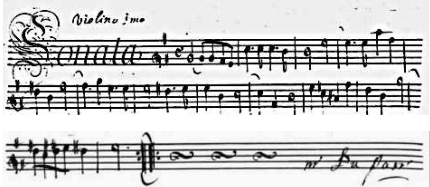 Figure Frangois Dieupart, Overture (e) for Strings, apparently for Britain ’s Happiness, transmitted as “Sonata [sic] for Two Violins Tenor and Basse, Mr Du Par”, GB-LbI, Ms Add. 49599, First Violin part:  first two staves, and the last staff with additional attribution “mr Du Parr’. Reproduced courtesy of the British Library.  — -<  The Overture to Britain’s Happiness, till recently believed to be lost, could be recognized, under his name, in an 18'"-century MS (Fig.), and is published in full score in our FDLO/2023 §§ 2-4, including a general discussion, analyses in color of formal and fugal structures, and of the dramatic contents of this ‘program overture’ avant la lettre (v.i. the Overture to Thomyris). 