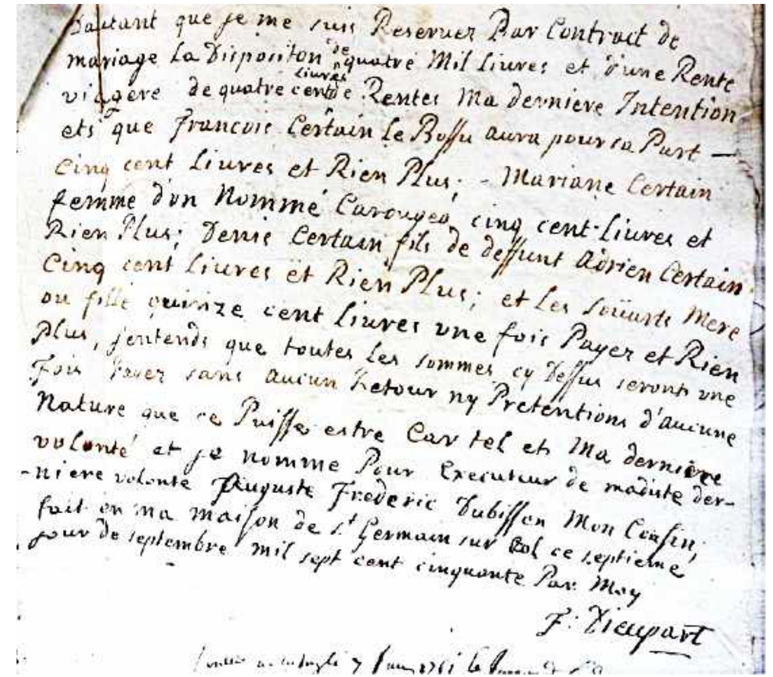 Figure Francois Dieupart, second Testament (fragment), autograph, St-Germain-sur-Ecole, 7 September 1750. 