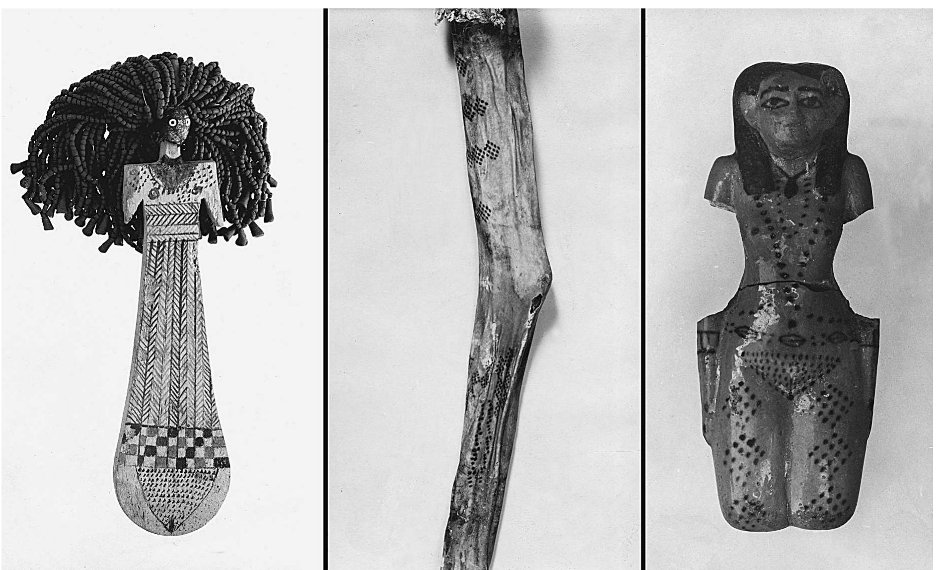 Fig. 3. Tattoos on a paddle doll excavated in Asasif tomb 816 (JE 56274); tattoos on the arm of a woman buried in the North Court of Nebhepetre’s mortuary temple; and a figurine discovered in Asasif tomb 518 (JE 47710). Photographs cour- tesy of the MMA. 