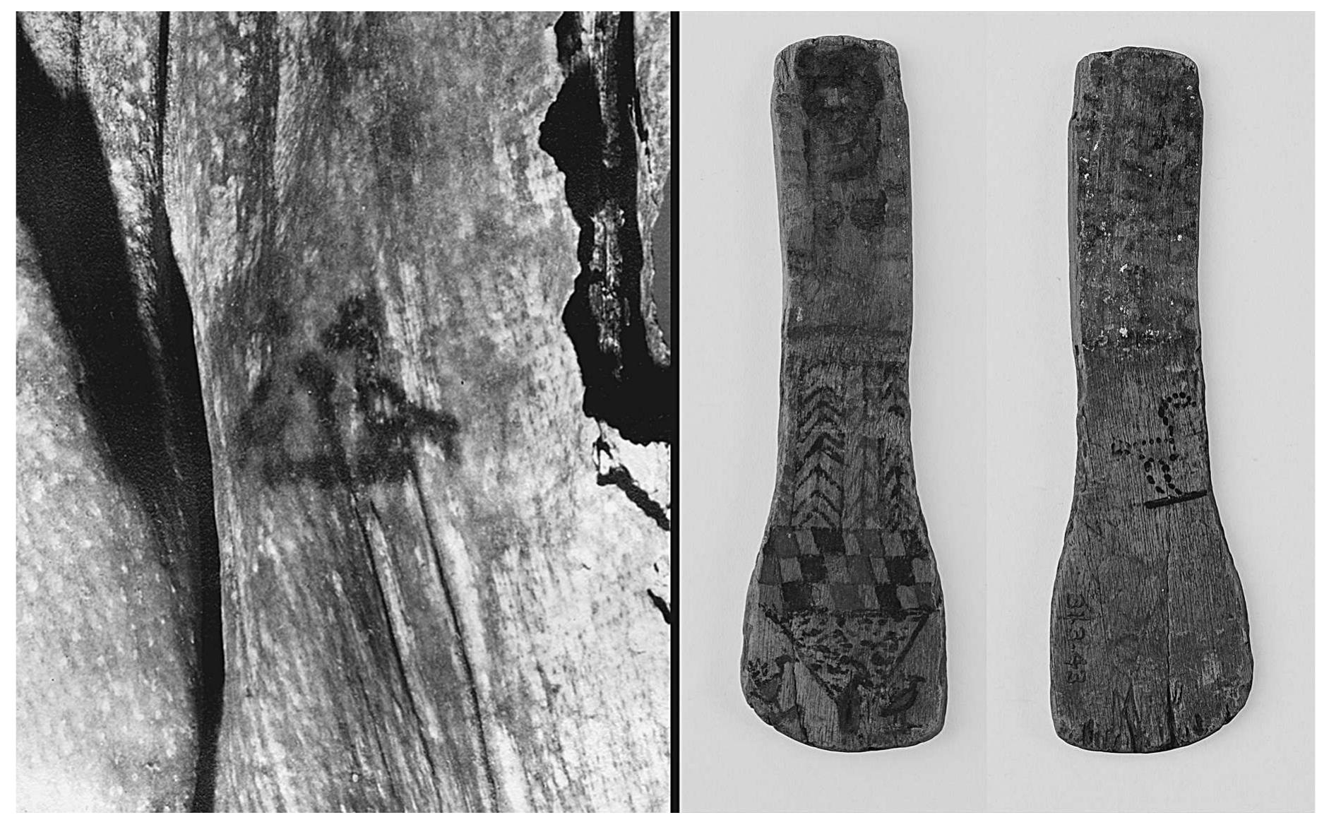 Fig. 5. Tattoo on the mummy recovered from Asasif 1008 and a paddle doll with bird tattoos (Asasif 818. MMA 31.3.43. Rogers Fund, 1931). Photograph courtesy of the MMA. 