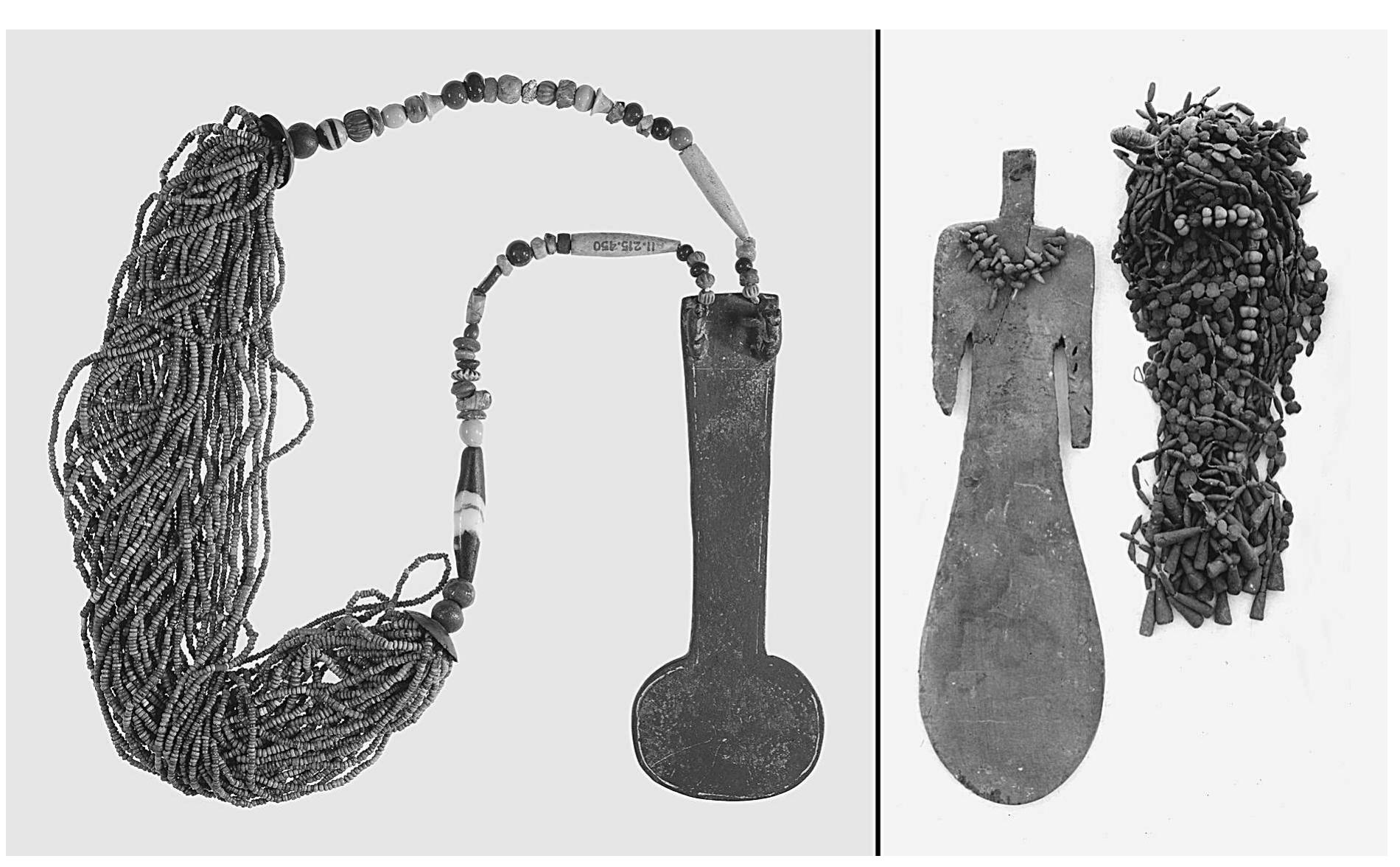 Fig. 15. Menat necklace (MMA 11.215.450. Rogers Fund, 1911) and a paddle doll excavated in Asasif tomb 825 (MMA 15.10.91; purchased from the Rogers Fund, 1915, now deaccessioned). Photograph courtesy of the MMA. 