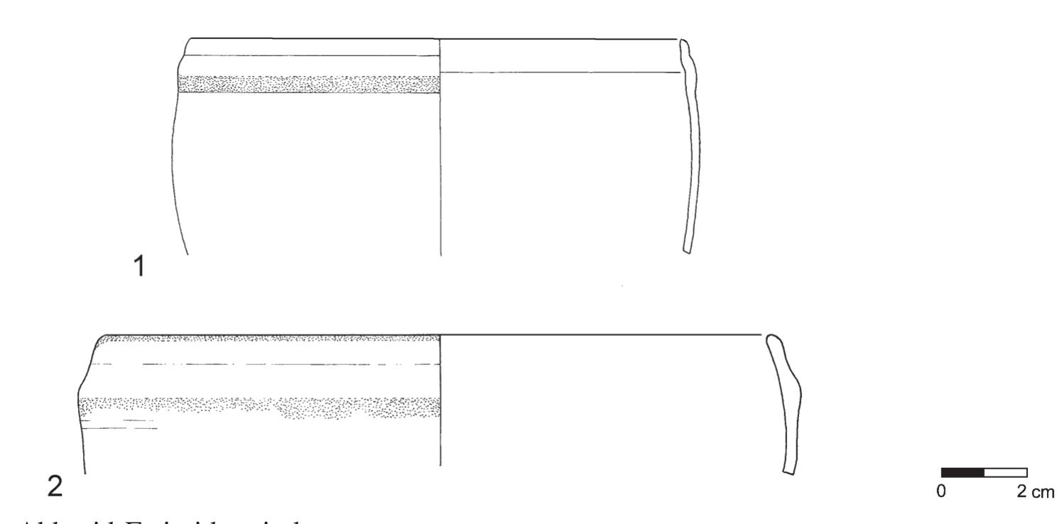 scholars describe this group as “bowls with stepped rims.”  wall fragment. Colorless with light-green tinge.  These vessels are widely distributed. At Ramla they were found in the excavations at ‘Opher Park, dated to the Abbasid period (Gorin-Rosen and Katsnelson 2005: 104-106, 108-110, Figs. 2:12, 3:28), and Marcus Street, dated to the tenth century (Pollak 2007: 107-108, Fig. 4:19). A deep cylindrical bowl with stepped rim was found in Stratum VI at Caesarea, dated to the late ninth—mid-tenth centuries (Pollak 2003: 167, Fig. 3:38). Many bowls of this type with a step below the rim, in different sizes, were found at Bet Shean, dated to the Abbasid- Fatimid period (Hadad 2005: 35-36, Pls. 26:504, 525, 27:527-529). Two fragments of this type were found at Yoqne‘am, dated to the Early Islamic period (Lester 1996: 204, Fig. X VII.3:1—2, and discussion therein). A bowl with incurving rim was found at al-Mina, dated to the ninth or tenth century (Lane 1938: 63-66, Fig. 10:P). Bowls with this rim type were also found inside a well at Tepe Madraseh, Nishapur, dated to the tenth century (Kréger 1995: 53-55, nos. 35-36), and in Stratum I at Susa, dated to the ninth century (ca. 810-880 CE; Kervran 1984: 211, 213-214, 220-221, Fig. 9:6—-7).  Tres tah 44TNn1 ANNA AM TATRAACLULTM 41 T,* 