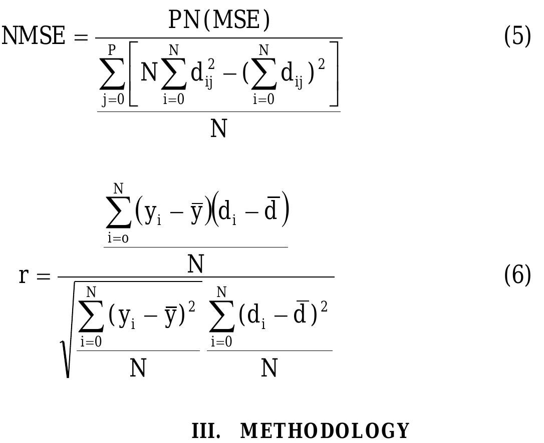 The performance of the network is defined by two parameters: Normalized Mean Square Error (NMSE), which should be minimum and the correlation coefficient(r), which should have a value near unity. These two parameters are defined as [10]:  The method adopted for model development is given in Fig. 4. 