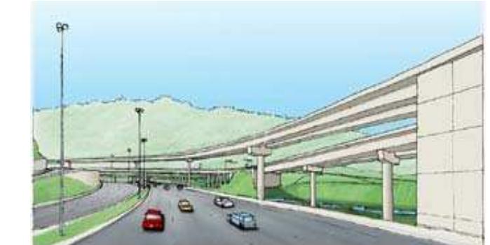 Figure 15: Sketch Looking East  The abutments of these bridges also became continuations of much larger, artistically- designed retaining walls that incorporated various floral leaf and seedling patterns. These decorative imprints were selected to symbolize and represent the natural and human environment around the interchange (see Figure 19) [Ref. 6]. This contrast with the rough surfaces of the walls further enhanced the beauty and simplicity of the streamlined box girders.  Figure 14: Sketch Looking North 