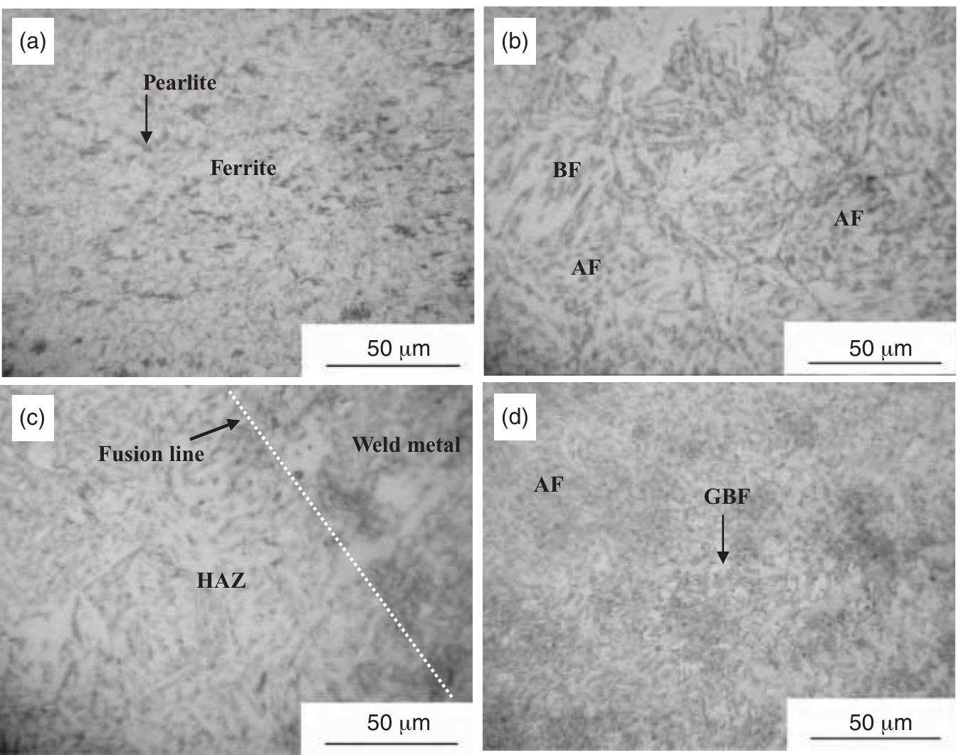 Figure 7-2. Optical view of the microstructure of various zones of a welded X70 steel specimen: (a) base steel; (b) HAZ; (c) HAZ/weld metal; (d) weld metal. (From Zhang and Cheng [2009b].) 