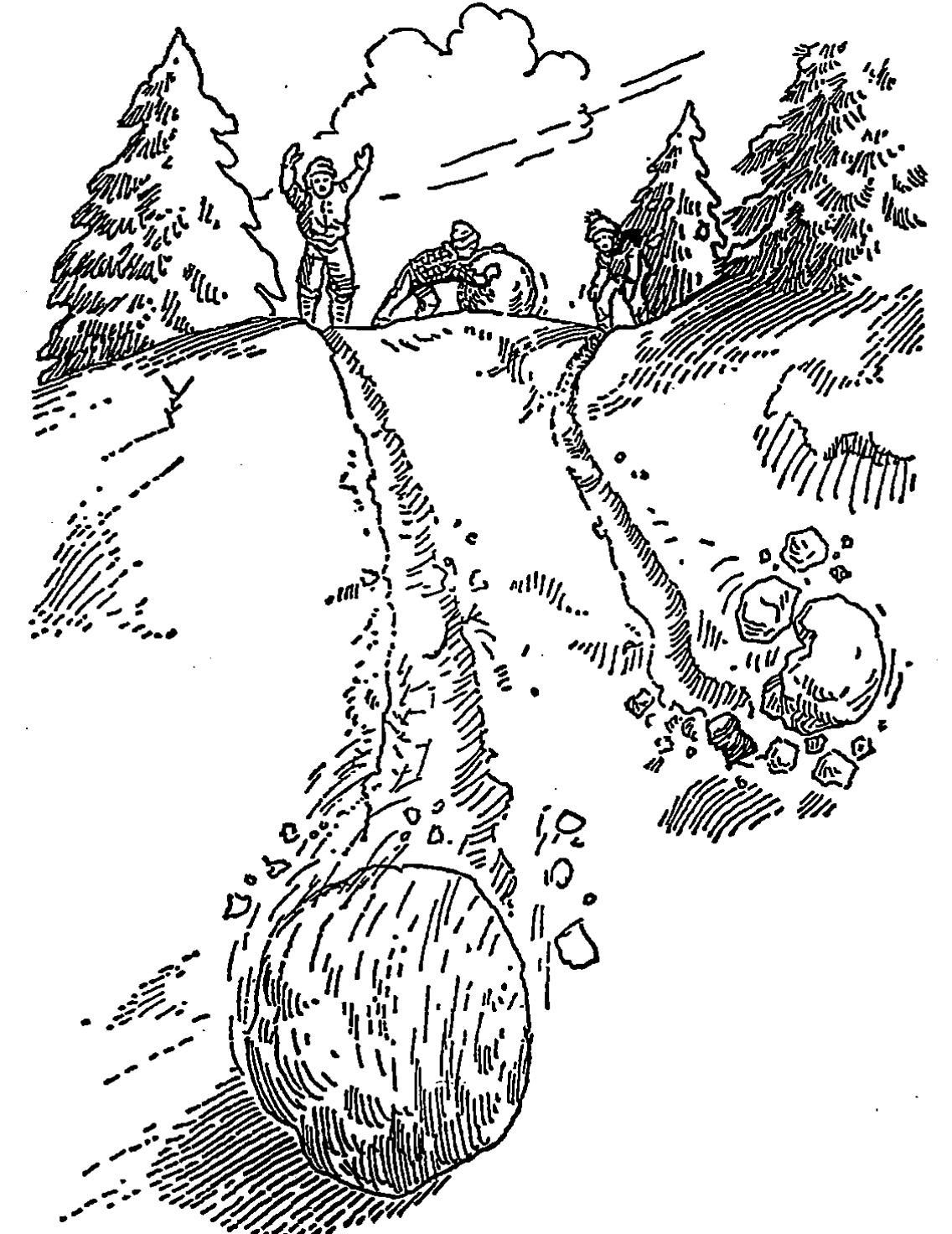 Fic. 6. The snowball rolling downhill grows by gathering up the snow in its path. Similarly, an extra large cloud drop coalesces with smaller cloud drops in’ its path and gtows to raindrop size. 