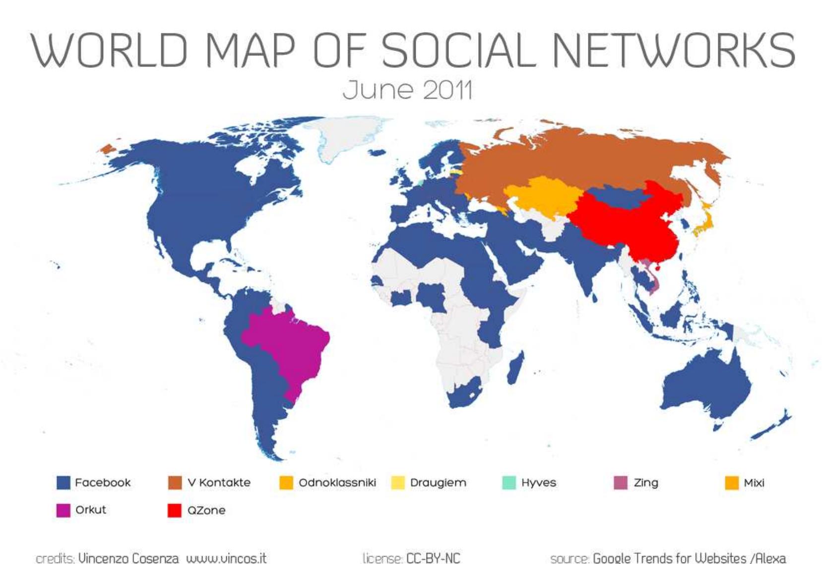 Figure A.3.: Social network sites world map, June 2011 