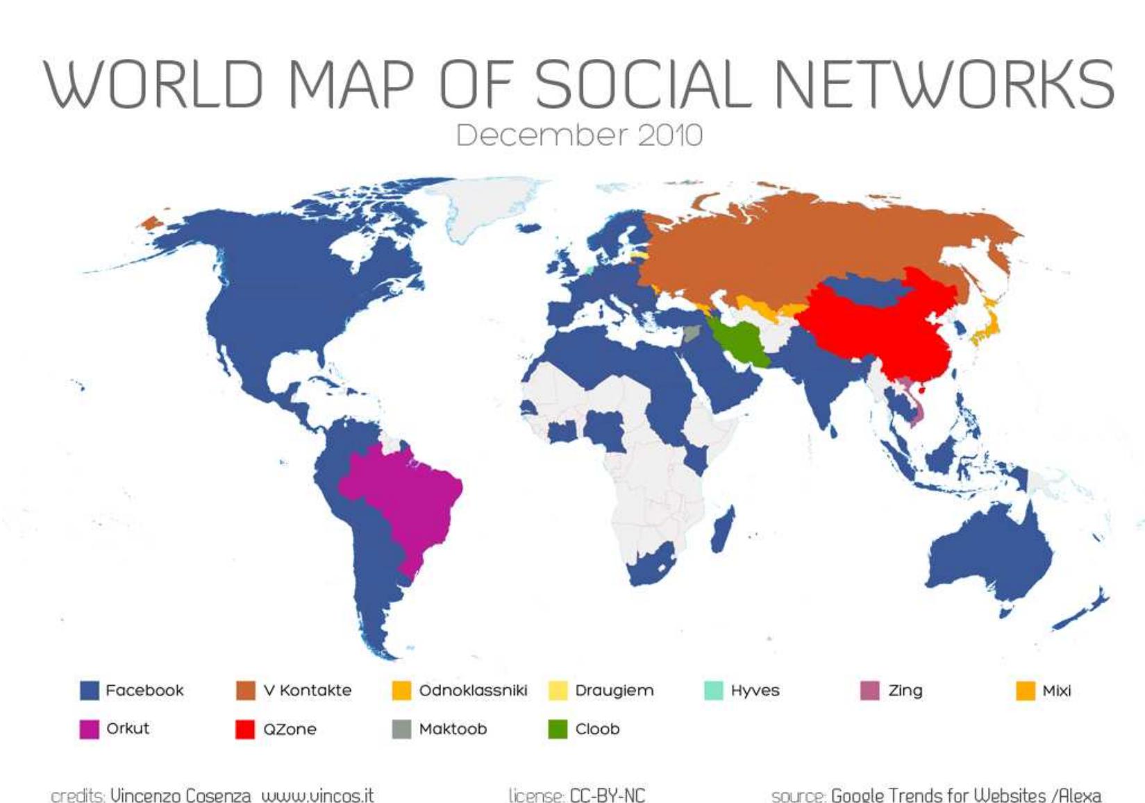 Figure A.4.: Social network sites world map, December 2010 