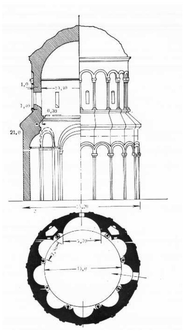 Fig. 7a. Round Church rotunda/Holy Savior at Ani (composite image by Stefan Boyadjiev);  7b - plan of Holy Savior 