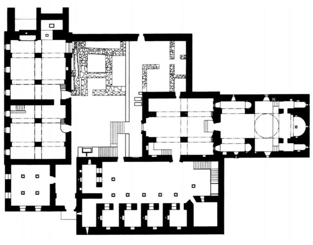 Fig. 1b. Plan d’aprés M. Petrossyan, 2008  Fig. 1a. Monastére Sainte-Croix (Sourb Khatch) prés de Sourkhat. Eglise Saint-Signe (1358) et narthex. Vue générale S.O.  ce qui prévalait au Moyen 