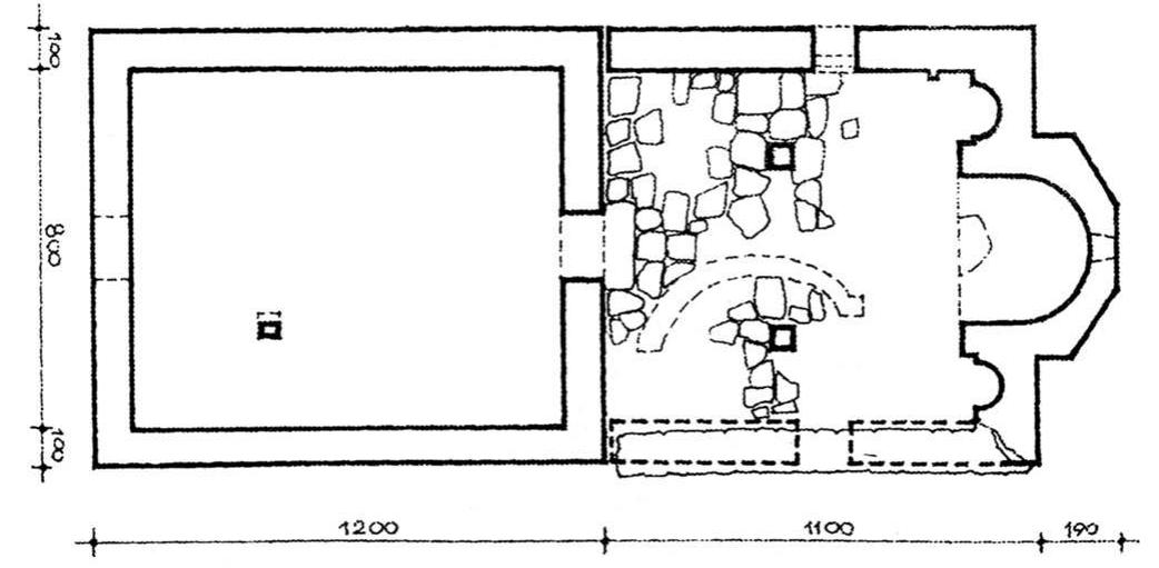 Fig.7. Saint-Etienne ou Saint-Georges (de Kazarat ?) au-dessus du monastére Sainte-Croix, prés de Sourkhat. Plan d’aprés Fr. Babayan et E. Korkhmazyan, 2008  ss = lhe ele  sont trés répandus en Arménie méme depuis la fin du XIIe siécle et s’inscrivent dans le cadre d’échanges étroits entre Arméniens et Seldjoukides au XIIe—XIIIe siécle. On les trouve en Crimée au XIVe—XVe siécle, outre les monuments arméniens, sur des édifices musulmans, juifs et karaimes, et sur un vestige grec”. Coté arménien, ces éléments sont particuliérement présents sur deux des principaux monuments : Saint-Jean Bap- tiste de La Quarantaine (1348) et Sainte-Croix prés de Sourkhat (1358). Les traits en question sont :  a btn Rhea Bae aa eee Na OF, lA A Aw ee la kdl bee Ae Bee ees Te. LAA Re 