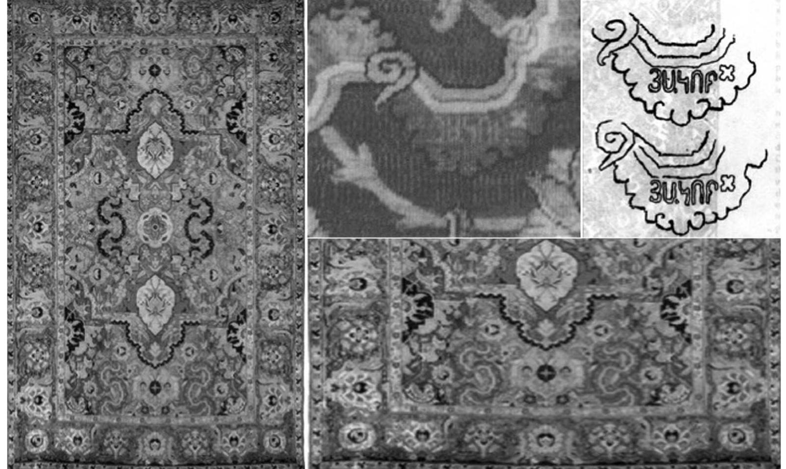 Fig. 9a—d. a) Safavid carpet dated by style to 1620-1625; b) detail of lower left; c) detail of the name Yakob/Hakob woven in Armenian majuscules; d) drawings of the two Yakob/Hakob inscriptions. Adelaide, Art Gallery of South Australia, formerly in the William Bowman Collection  Was the use of monograms, instead of clearly spelled out words, as we find on the ce- ramics or that of Soltan Sachwelowicz on Ormianska Street in ZamoSs¢ a question of dis- cretion on the part of the Armenian merchant-magnates of New Julfa or simply a design feature? It is hard to know. The value of discretion is clearly demonstrated by an extraor- dinary carpet (Fig. 9a—d) woven in Isfahan or its Armenian suburb in a style that became known as “polonaise.””” These were apparently special large rugs with atypical designs that 