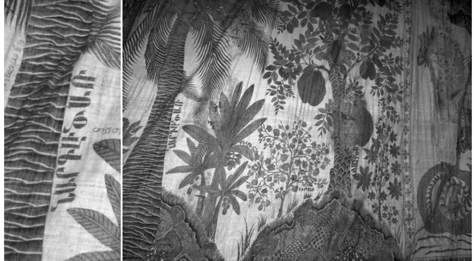 Fig. 10a—b. a) Armenian altar curtain, stamped and painted in 1798 in Madras, India, with the prin- cipal motif made up of exotic trees and bushes from southern India with legends in both Armenian and the local India language, with a mounted St. George to the left (not visible), b) detail showing the coconut palm with the Armenian inscription “narglitzar”, coconut palm, from the Arabic nargil and Armenian izar, tree. Jerusalem, Armenian Patriarchate, Church of St. T‘oros  ease —oe ene  There are of course hundreds if not thousands of textiles with Armenian inscriptions created in diasporan communities: embroidered and woven textiles, liturgical garments, lace of various types, chalice clothes, and even large altar curtains.2> The most impres- sive group of the latter is a series of stamped and painted cotton curtains with traditional scenes from the history of the Armenian Church manufactured in southern India around Madras.*° These date from the late seventeenth through the eighteenth century. They were commissioned by rich Armenian merchants, most of them native of New Julfa trading in  commissioned by rich Armenian merchants, most of them native of New Julfa trading in 