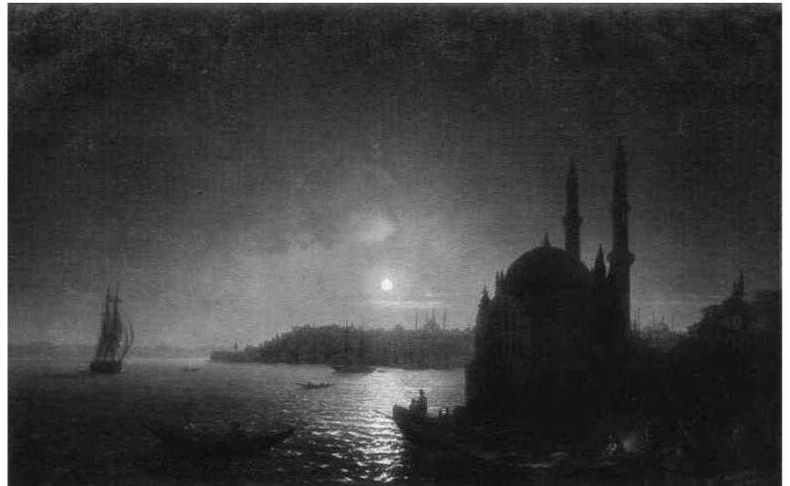 Fig. 7. H. Aivazovsky, La mosquée d’Ortak6y au cou- cher du soleil, Musée russe, Sankt Pétersburg  a  rive asiatique du Bosphore, ou le Sul- tan Abdulmecid le décore de l’ordre du Mecidiye. Il y revient une seconde fois en 1857 avec son frére Kapriel, prétre 4 Venise. En 1874, il est invité par le sultan Abdulaziz. Il réside un mois chez l’architecte Sarkis Balian 4 Kurucesme (Kurutchechmé). Il y réalise les tableaux commandés par Abdulaziz pour le Palais de Dolmabahce (Dolmabahtché). Il est décoré a cette occasion de l’ordre ottoman/osmaniyé. La vie culturelle et artistique est A son sommet a cette époque. Les artistes arméniens de Bolis se retrouvent tous 4 un moment ou un autre chez Sarkis Balian. Givanian et Aivazovsky se voient a cette occa- sion. Mayda Saris rapporte qu’Aivazovsky avait déja vu les ceuvres de Givanian exposées devant l’ambassade de Russie. II profite de leur rencontre pour lui dire qu’il apprécie ses ceuvres. I] aurait poussé la plaisanterie jusqu’a lui suggérer de signer ses marines du nom d’Aivazovsky, ajoutant qu'il pourrait ainsi vendre ses ceuvres beaucoup plus cher, ce que Givanian ne mit jamais en pratique.  i a en pn 