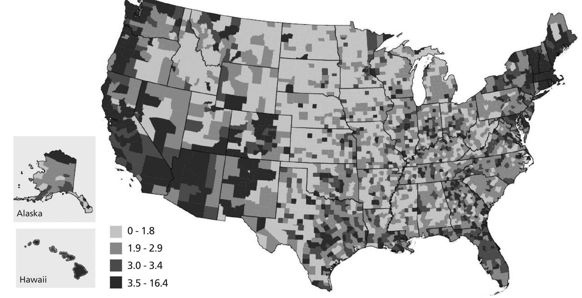 Same-sex female couples per 1,000 households by county (adjusted)  Same-sex male couples per 1,000 households by county (adjusted) 