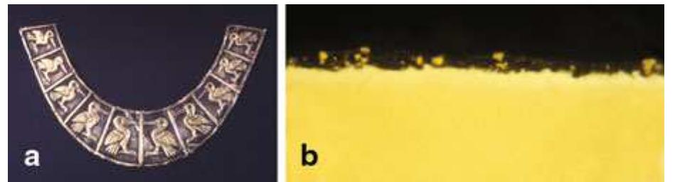 Fig. 12.18 a Nose ornament frontal, Peru, Moche, from Loma Negra, Ist-3rd cen. A.D. Partially silvered gold, W. 21.0 cm. The Metropolitan Museum of Art, The Michael C. Rockefeller Memorial Collection, Bequest of Nelson A. Rockefeller, 1979 (1979.206.1226). An extremely thin layer of silver overlies the gold substrate in the fields surrounding the birds. b Photomicrograph of a polished section. (Images © The Metropolitan Museum of Art) 