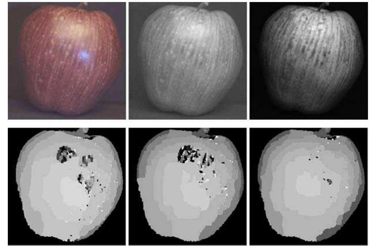 Here we investigate the use of the proposed invariants, which are based on linear transformations and are applica- ble in both monochromatic and mixed illumination environ- ments. In cases of significant specular reflections and com- plex illumination conditions, we can improve the accuracy of existing stereo algorithms by computing these specular invariants as a pre-process. Figure 6 compares the results of two binocular stereo algorithms (Birchfield and Tomasi 1998; Boykov et al. 1998) applied to grayscale e and single- illuminant invariant jiny(2) images derived from a rectified RGB stereo pair. There is a dramatic improvement in the quality of reconstruction when specular invariant images are used. This point is further emphasized in Fig. 7, which com- pares binocular stereo results obtained using conventional grayscale images, the single-illuminant (2D subspace) in- variant jiny(2), and the two-color (1D subspace) invariant Jinval)- In this case, the original RGB image includes two specular highlights caused by blue and yellow illuminants.  