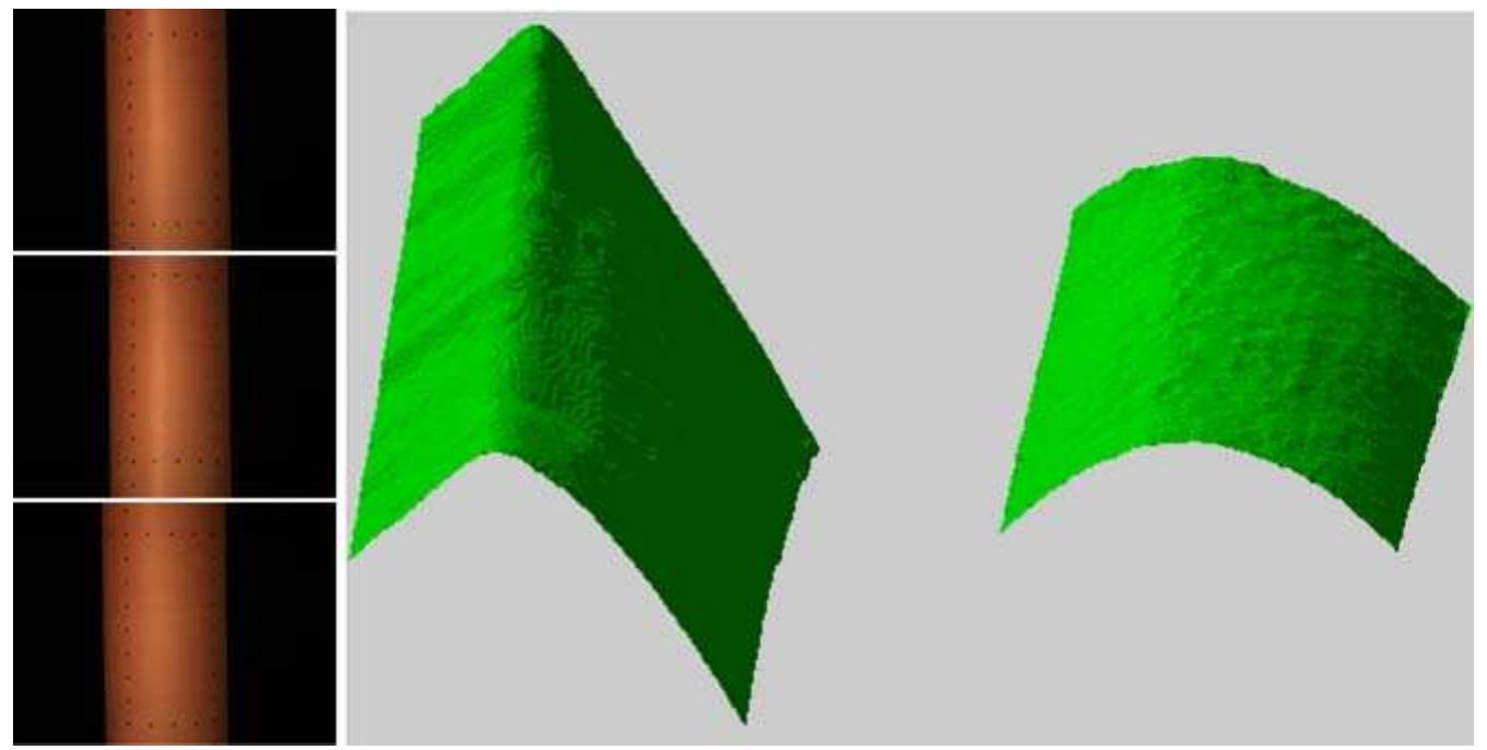 Figure 16 compares the results obtained from an im- age sequence that consists of a moderately specular cylin-  In addition to the app ular invariant can be a broad class of Lam!  in the presence of specular, non-Lambertian sur  includes methods that metric constraints to 0  2004; Lim et al. 2005; Zhang et al. 2003). To  example, we use the described by Lim et a  passive photometric stereo  approximate, piece-wise planar reconstruction 0 tracking a small number of features across a video sequence under (possibly varying) directional illumination. Then, an iterative method based on uncalibrated Lambertian photo- metric stereo simultaneously refines the reconstruction and estimates the unknown illumination directions.  ications presented thus far, the spec- used to improve the performance of bertian-based reconstruction systems  faces. This  combine both geometric and photo- btain accurate surface shape (Jin et al.  provide an algorithm  . (2005). This method begins with an  btained by 