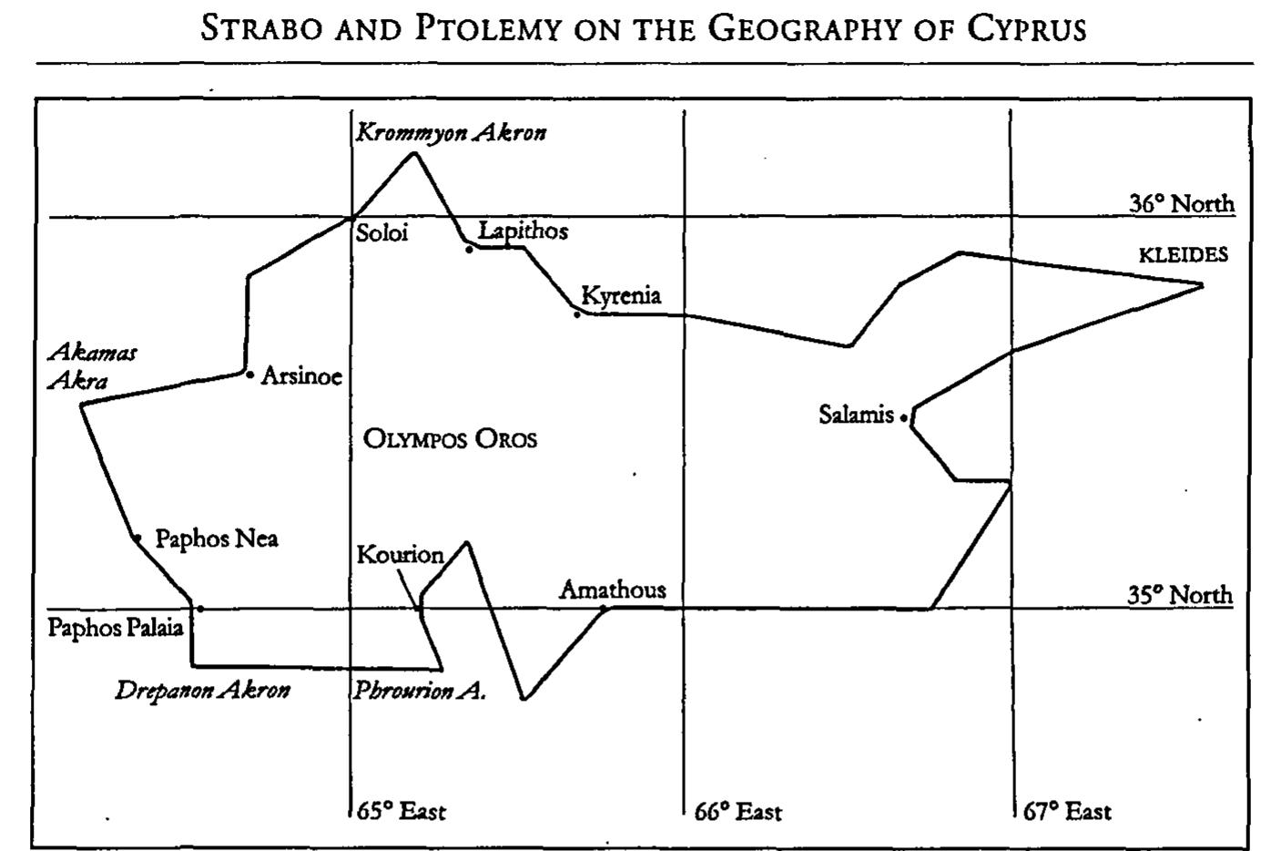 Fig. 1. Map of Cyprus drawn from Ptolemy’s coordinates. For clarity, some place- names in the Eastern part of the island have been omitted. 