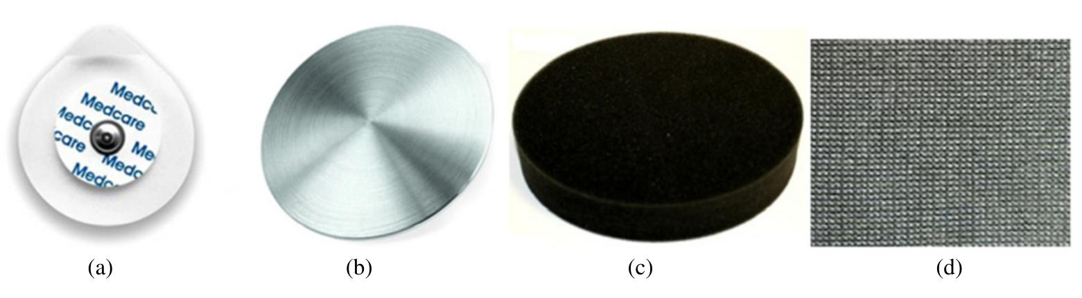 Figure 2. Electrode categories: (a) conventional Ag/AgCl, (b) stainless-steel disc, (c) conductive foam and (d) conductive fabric. 