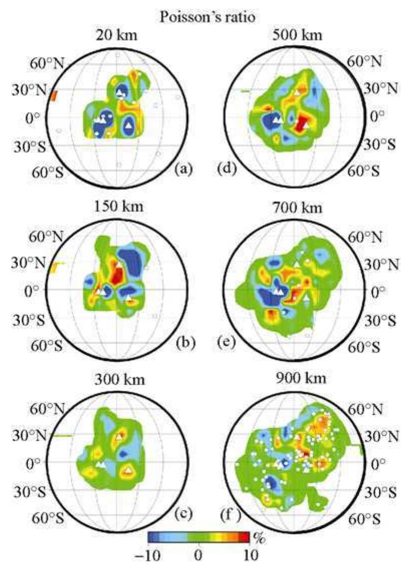 Figure 15 Plan views of Poisson’s ratio image at different depth slices. The layer depth is shown above each map. Red and blue colors denote high and low values of Poisson’s ratio, respectively. The scale of perturba- tions relative to the average value (0.25) is shown at the bottom. The open triangles denote the four Apollo seismic stations. 