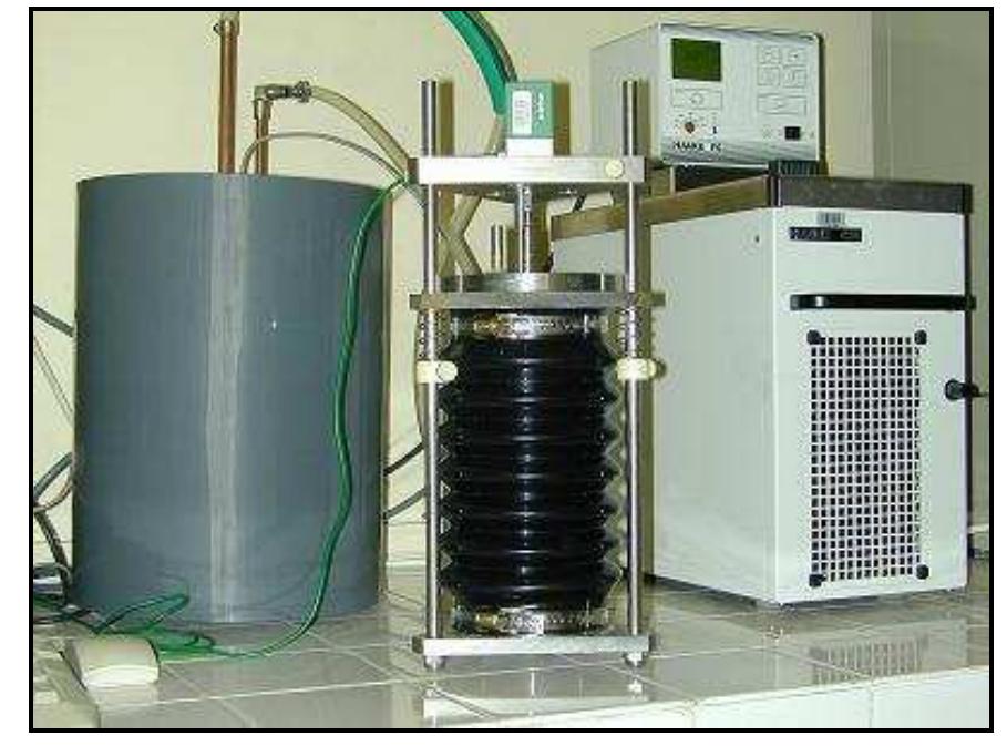 Figure 6: Model of Test Rig  [16] proposed a testing apparatus for determining autogenous deformation measurements of concrete at early ages of casting as shown in Fig. 6. The frame is immersed in water which is filled in a tank. The temperature of water inside the tank has been controlled with the aid of a circulation bath. Displacement and temperature data is recorded automatically. The deformations occurring in the concrete member are recorded from one hour maximum after the time elapsed from concrete casting. The time of setting must be measured by adopting some other procedure as it is not convenient to be recorded during this experimental session. 