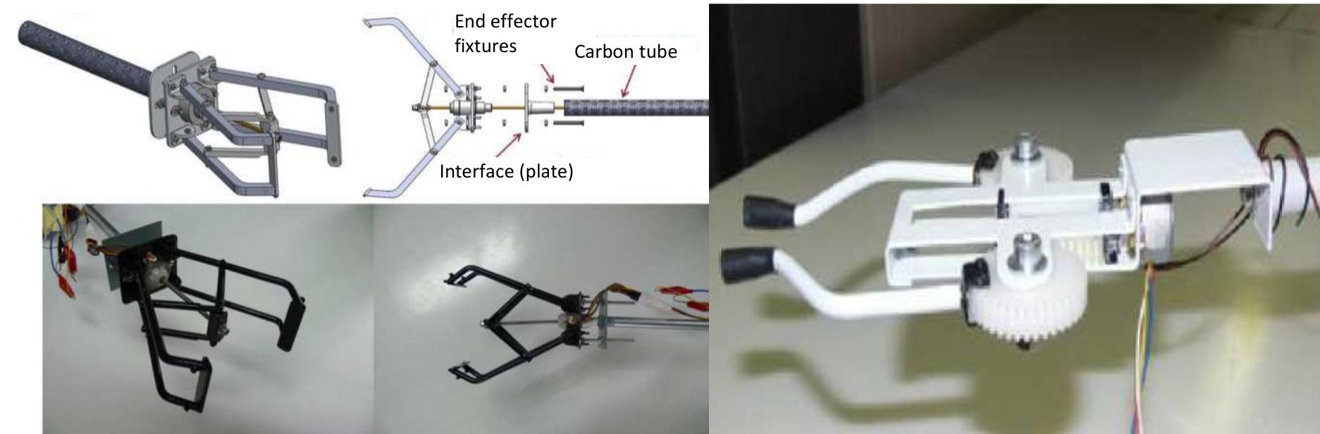 Figure 4: Details of the end-effectors designed, built and tested by students of the lab  The arm’s tip can be equipped with different end- effectors able to grasp (Figure 4) to simulate  captures as in debris removal or in-orbit servicing missions or rendezvous to other bodies, and can be completed by a webcam. current kinematic state of the arm, needed to perform a correct guidance-navigation- (GNC) function, is not limited to the rough, already built-in informati  Instead, rotary optical encoders, accommodated on the motors’ s  capable to take into account the flexibility of possibly longer or  hafts, are present at t! enabling a closed GNC loop. In order to test alternate techniques, al  on provided by steppe  so feasible in space al  diff  erent material li  he joints  with an interface for The determination of the  control  Ss.  nd  nks, the  determination of the kinematic state by means of GNSS signals has been experimented [6,7]. 