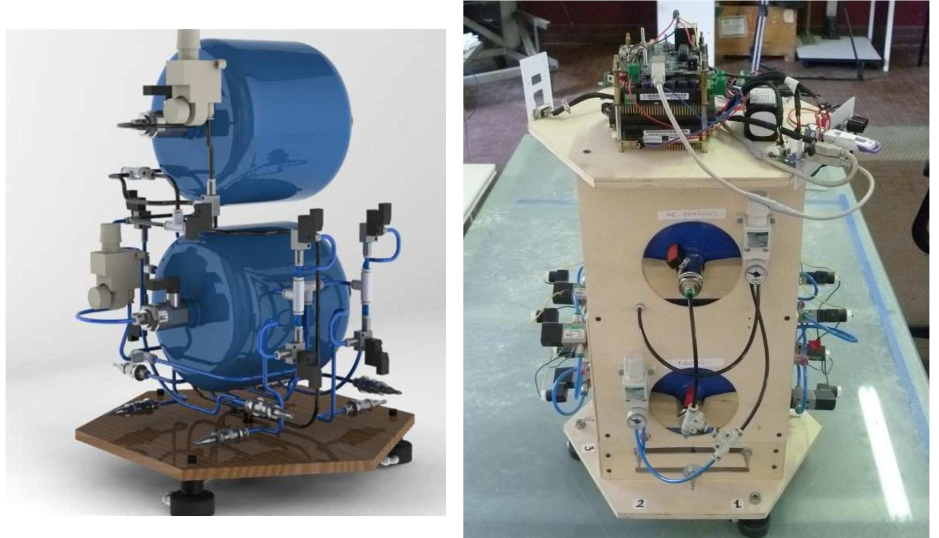 Figure 9: A rendering of the pneumatics subsystem enabling the floating and thrust actions, and an overall picture of PINOCCHIO with top open to show different connections for data download to the PC 104 running LINUX Ubuntu distribution as OS and MATLAB to command the platform systems 