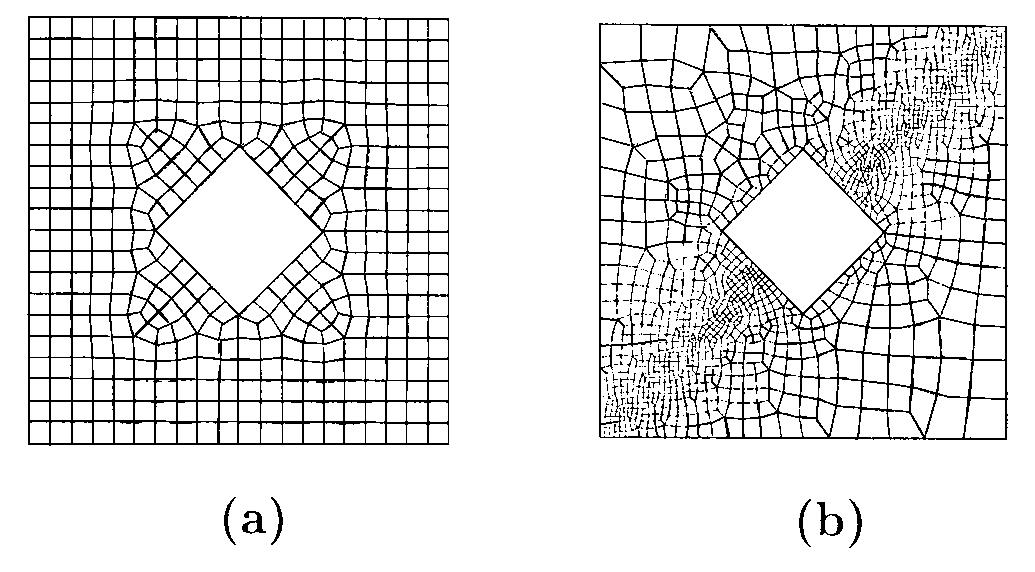 Figure 8. Final mesh for the two rotated squares example: (a) without background mesh; (b) with background mesh. 