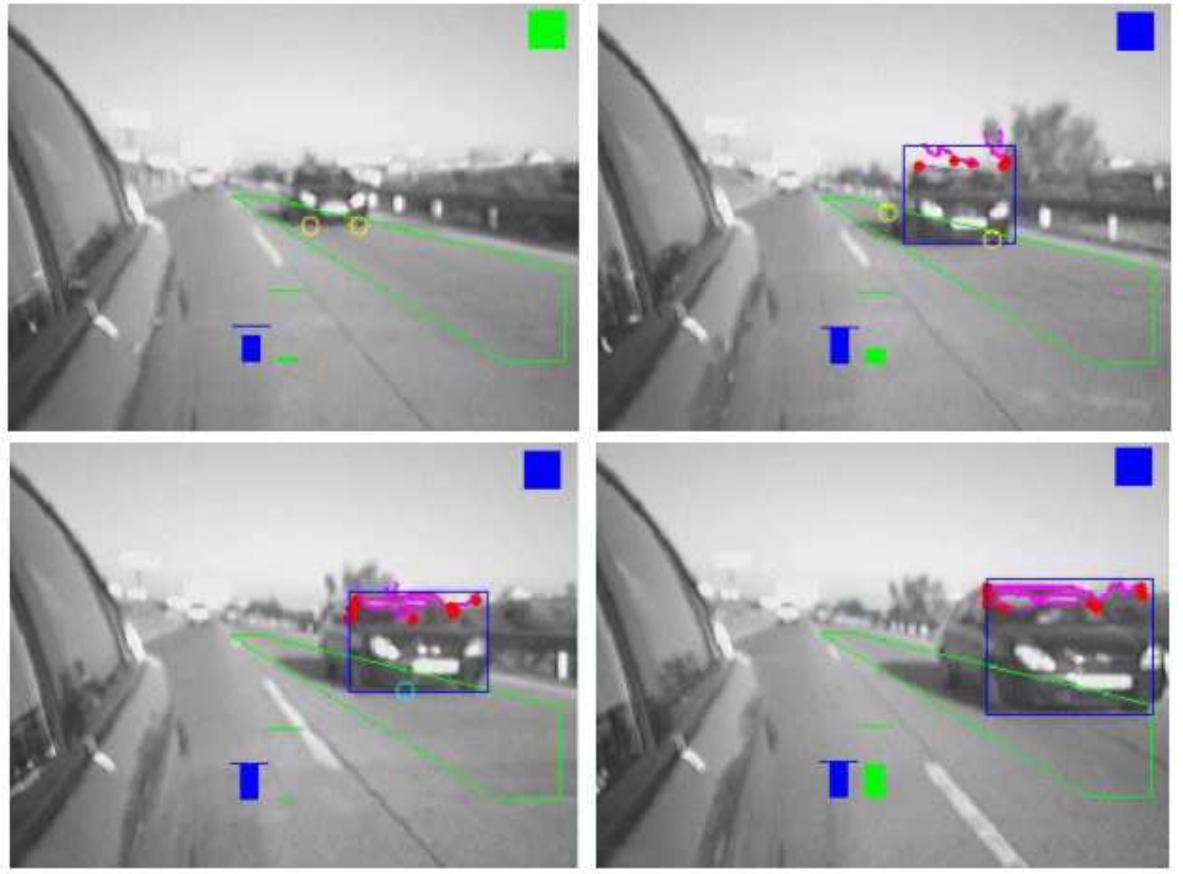 Fig. 5. Example of blind spot detection in a sequence of images. The indicator in the upper- right part of the figure toggles from green to blue when a car is detected in the blind spot.  A digital camera was mounted in the lateral mirror of a real car equipped with a Pen- tium IV 2.8 GHz PC running Linux Knoppix 3.7 and OpenCV libraries 0.9.6. The car 