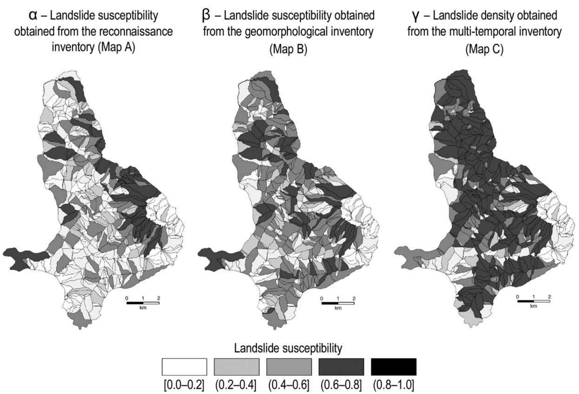 Fig. 10. Landslide susceptibility models for the Collazzone area. Models prepared using the same set of independent thematic variables and three different landslide inventory maps. Square bracket indicates class limit is included, and round bracket indicates class limit is not included.  We can compare quantitatively the degree of matching between the three density maps by construct- ing pair-wise contingency tables (Table 5). The least disagreement (33.3%) is obtained comparing the densities obtained from the “best” (Map C) and the second “best” (Map B) landslide maps, respectively. The comparison outlines a similarity between the two density maps. Mismatch between Map I and Map II, and between Map I and Map III are very similar (~ 62%), confirming that the density map obtained from the reconnaissance inventory (Map A) is substantially  