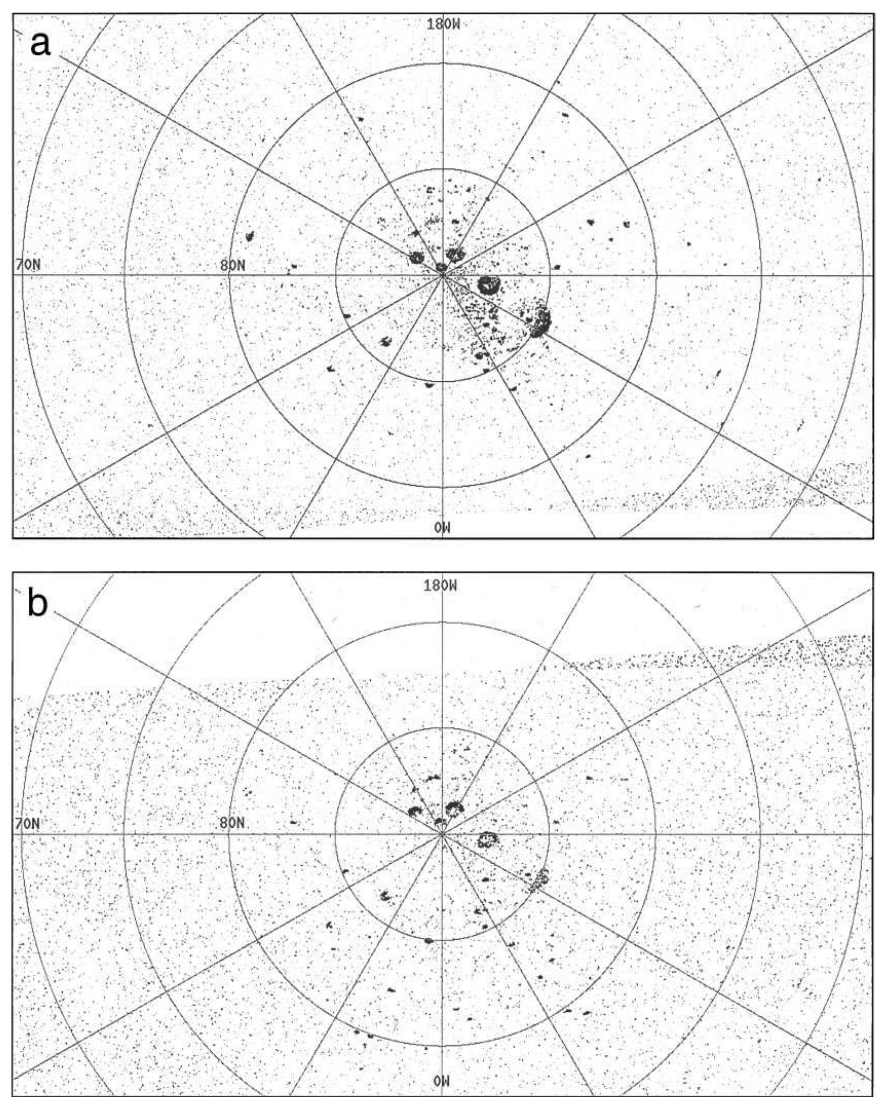 FIG. 1. Twenty-microsecond north polar SC images from Arecibo radar observations on (a) August 16/17, 1998, and (b) July 2/3, 1999. Darker shade: correspond to higher echo strength. The radar illumination is from the top in (a) (mean sub-Earth longitude = 177.5°W) and from the bottom in (b) (mean sub-Eartl longitude = 356.8°W). The blank areas at the bottom of (a) and the top of (b) correspond to regions beyond the radar horizon. 