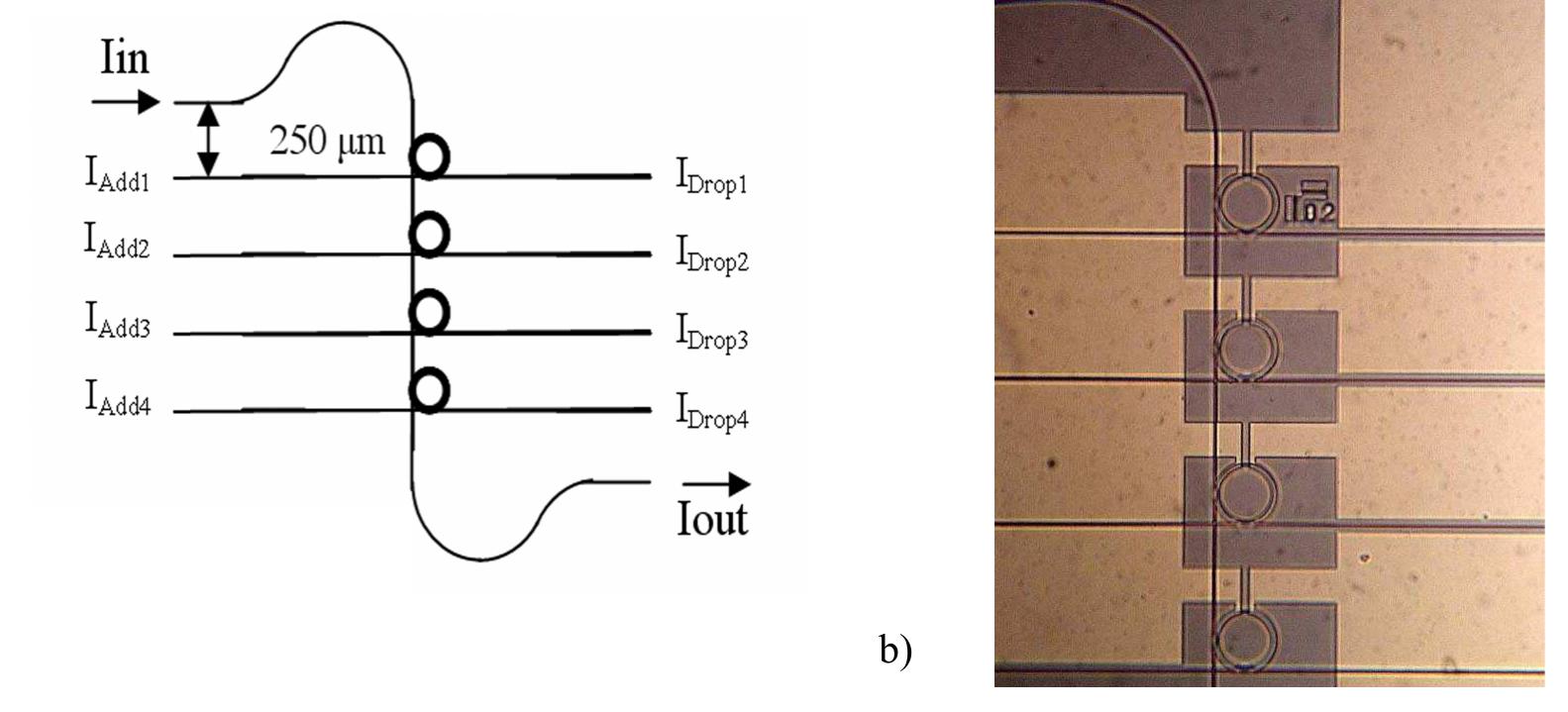 Figure 2. MR-based ROADM, (a) schematic view (b) microscope picture of realized device (area of view 1.2.x 1 mm’), with clearly visible the Q-shaped thin film heaters on top of the MRs. 