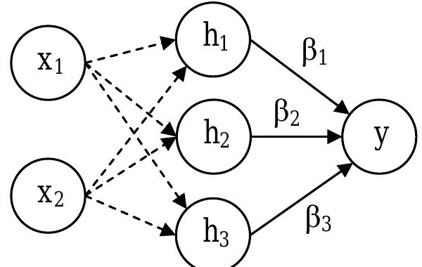 Figure 1: A RW-FNN architecture with two inputs, three hidden functions, and one output  Fixed connections are shown as dashed lines, whilst trainable connections as fixed lines.  where the mth transformation is parameterized by the vector w,,. In (1), the weights w,,, are  everything that follows can be extended straightforwardly to the case of multiple outputs. 