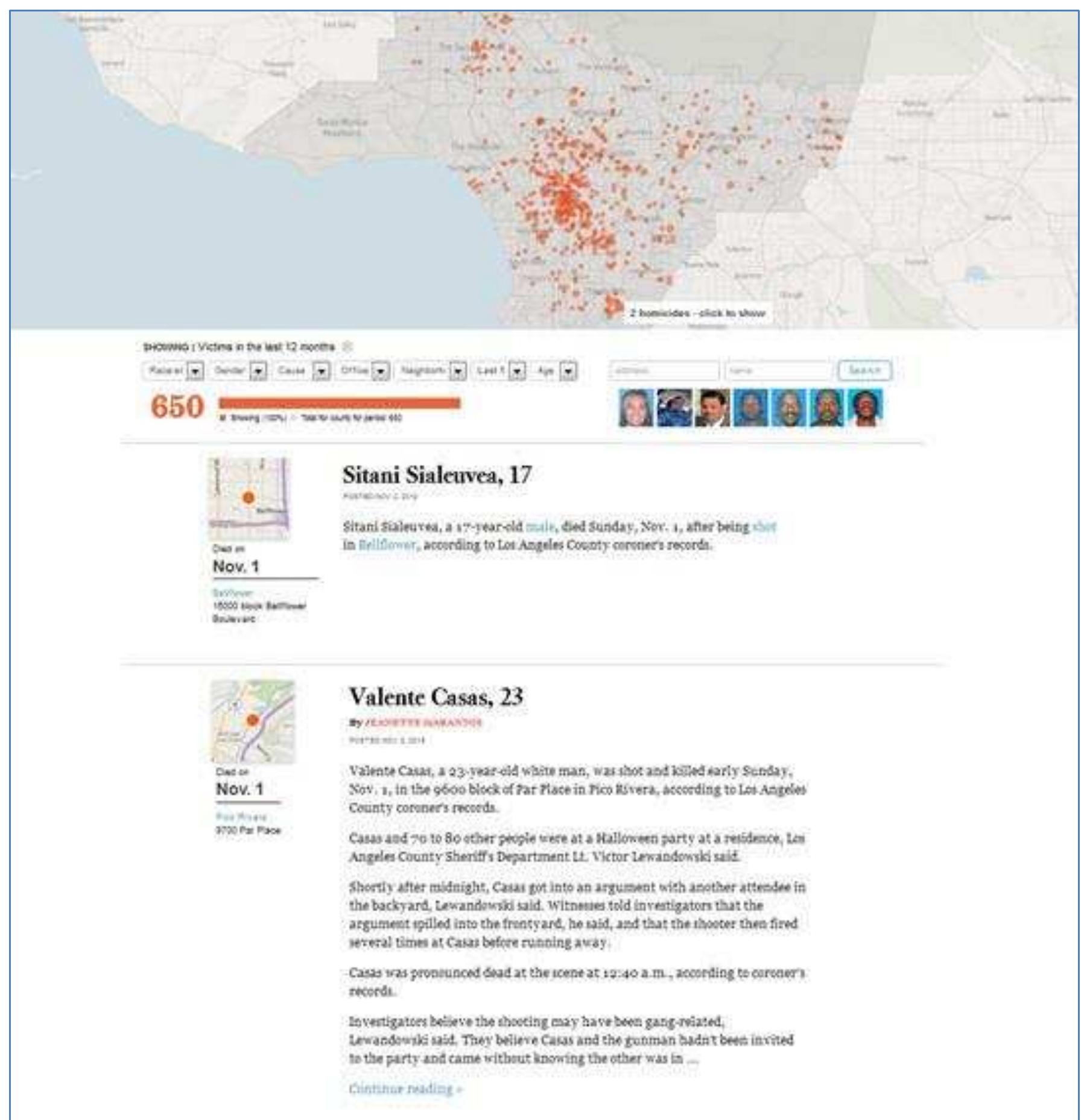 Another robot is responsible for the criminal chronicles in The Los Angeles Times. This robot has been doing the Homicide Report since 2007. As long as a coroner adds info into the base on, for instance, a violent death, the robot draws all available data, places it on the map, categorizes it by race, gender, cause of death, police involvement, etc., and publishes a report online. Then, if it’s worth it, a human journalist gathers more info and writes an extended criminal news piece. If it’s not worth it, all that appears on the website is the robot’s report.  