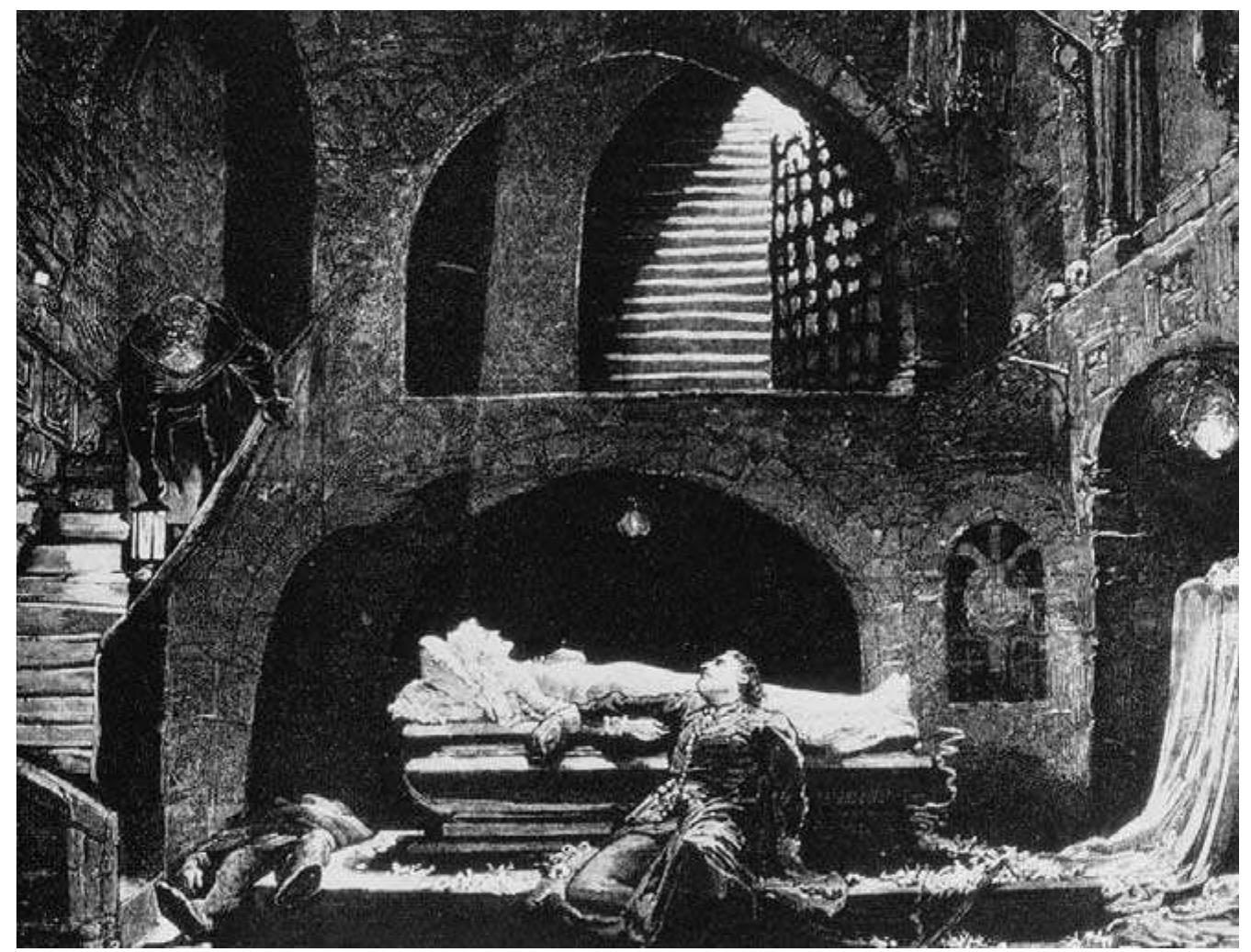 6 Romeo and Juliet. Artist’s impression of the final scene, designed by William Telbin,  from Henry Irving’s 1882 production at the Lyceum Theatre, London. Romeo (Irving),  Juliet (Ellen Terry) and Paris lie dead in the Capulets’ crypt as Friar Lawrence descends the stairs. Note the suggestion of depth through the use of two staircases. 