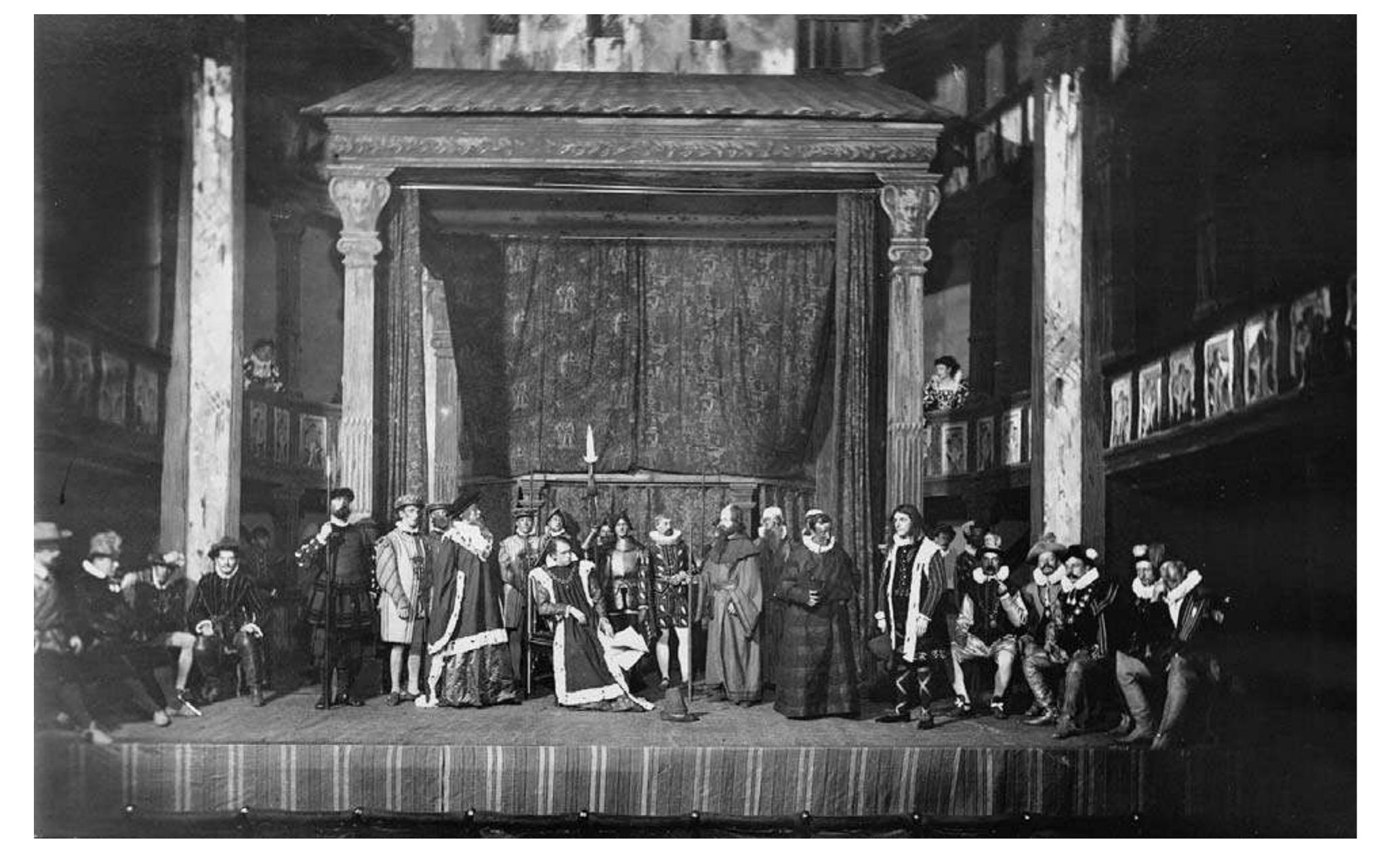 to Fit-up stage, representing the Fortune Theatre, first used by William Poel in November 1893 for his production of Measure f Measure at the Royalty Theatre, London. 