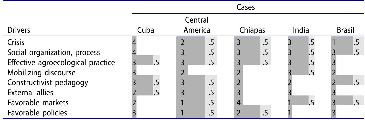 Table 1. Relative importance of drivers contributing to agroecological massification in the five
analyzed cases (rated from 1 to 5, consensus of the authors).
 circulate. They also provide opportunities to design and implement processes
like CaC and to link with external allies.

“Organizational structure” should not be interpreted as referring to a static
arrangement. Rather, a movement’s organizational structure can grow as
agroecology is amplified to articulate smaller organizations and extend
their reach. Such was case of Ecovida, where a network was created as part
of the scaling process. Nor does the organizational structure have to be
formal. India’s ZBNF movement escalated through a partially spontaneous
network and through interactions that were not institutionalized. Moreover,
many farmers practice agroecology without formally joining any organiza-
tion. Still, the reach of the organizations may determine to a large extent the
scope for scaling agroecology (Rosset et al. 2011).
