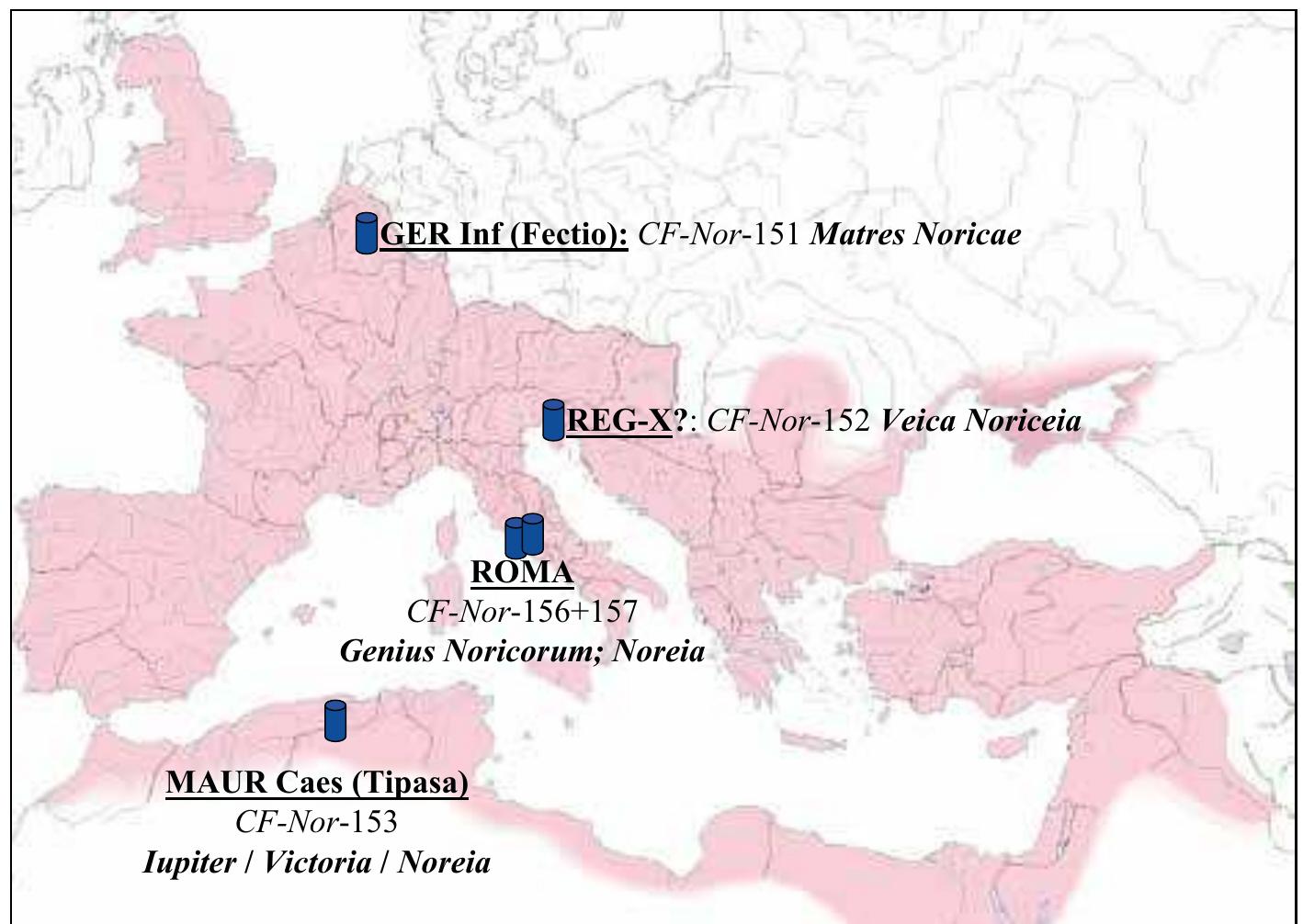 Fig. 34 Map of regions covered by Coprpus F.E.R.C.AN. Vol. 1, findspots beyond Noricum (© M. Hainzmann) 