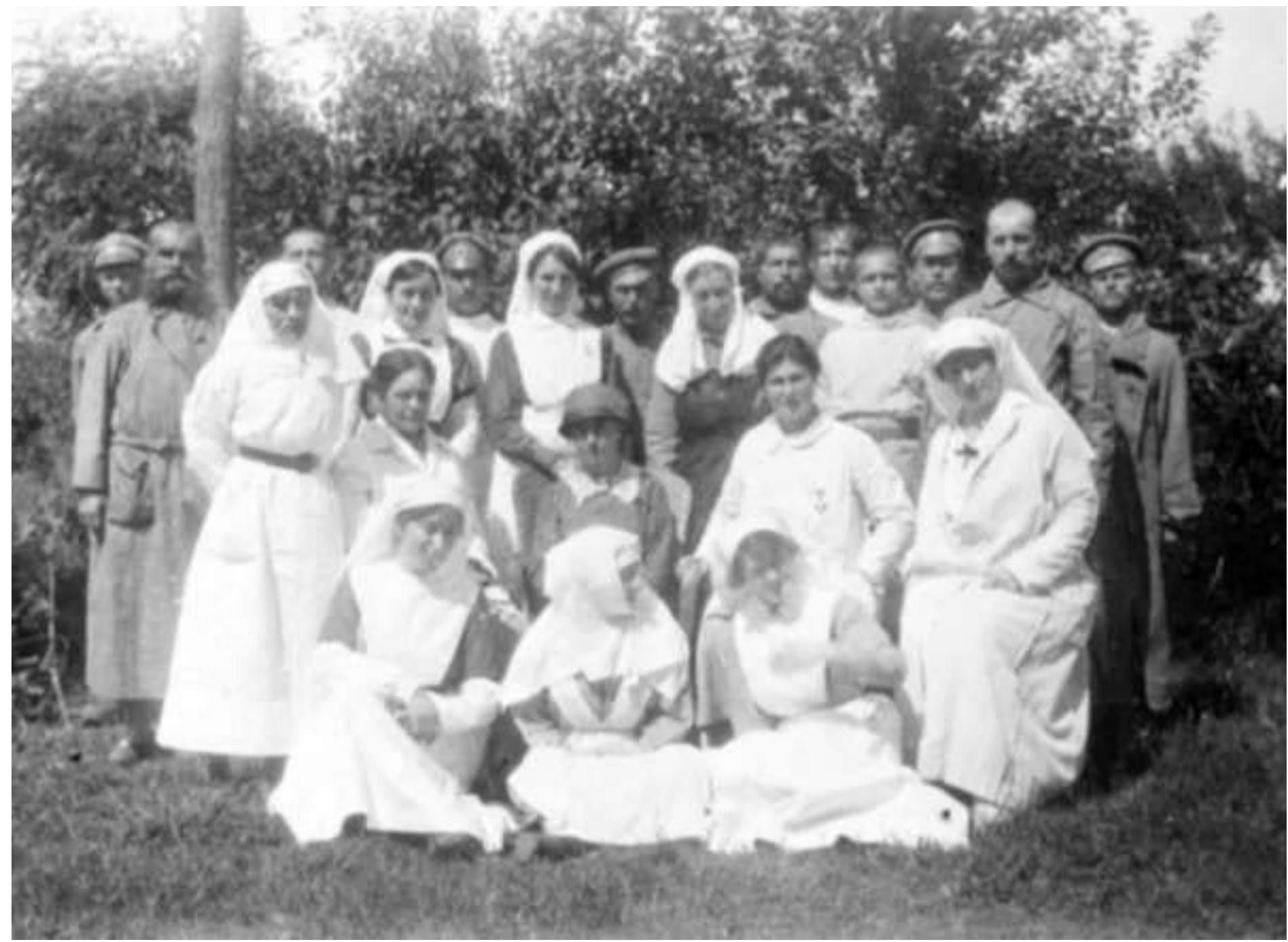 Fig.5: The medical team at Zaleschiki, Galicia, Russia, in 1916. Laura Forster is believed to be seated in the centre. (Australian War Memorial photo H18592)  Zaleschiki was about 30 miles from the southwest front and a steady stream of Russian  soldiers passed through the hos  pital — the only infectious diseases facility within 200 miles —  with typhus and diphtheria. Joining the Russians were Austro-Hungarian POWs who were  among the 400,000 soldiers ca  ptured by Brusilov’s forces, which was covering 15 miles a  day along the 250-mile front. At one point the hospital had vaccinated 20,000 soldiers from both armies. Thrust into the maelstrom of wounded and infected soldiers, were the local  population and refugees. Fors  er never managed to catch her breath. Once arriving in  Zaleschiki, she alternated every other day with other doctors by travelling in an open car exposed to freezing January temperatures to the front to treat soldiers in the trenches and at  field headquarters and aid statio  ns.*! 