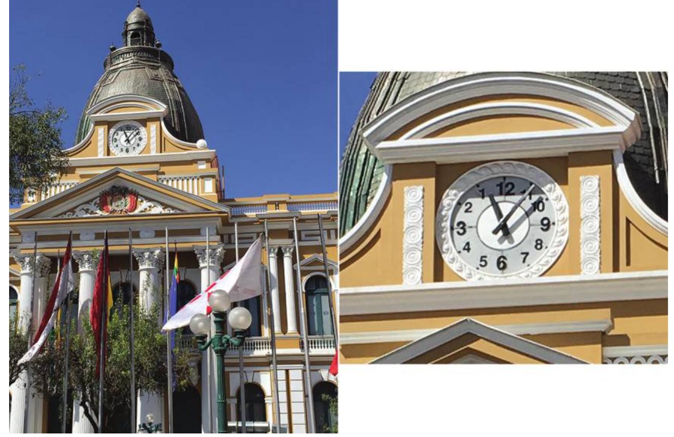 Figure 1. The clock face above the legislative palace in the Plaza Murillo. Photos by the author.  rillo, is symbolic as the center of government but also holds a particular impor- 